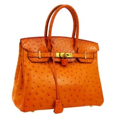 Hermes Birkin 30 Orange Exotic Ostrich Leather Gold Top Handle Satchel Tote Bag