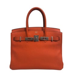 Hermes Birkin 30 Orange Feu Togo Leather Palladium Hardware Top Handle Bag
