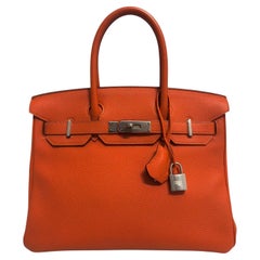 Hermes Birkin 30 Orange Feu Togo Leather Palladium Hardware Top Handle Bag