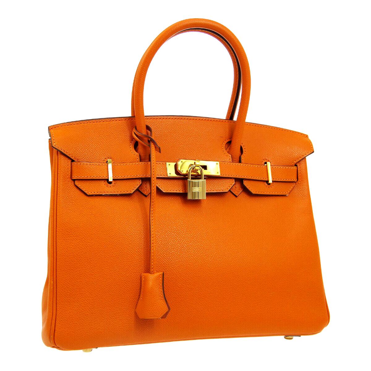 Hermes Birkin 30 Orange Leather Gold Top Handle Satchel Tote Bag 