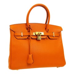 Hermes Birkin 30 Orange Leather Gold Top Handle Satchel Tote Bag