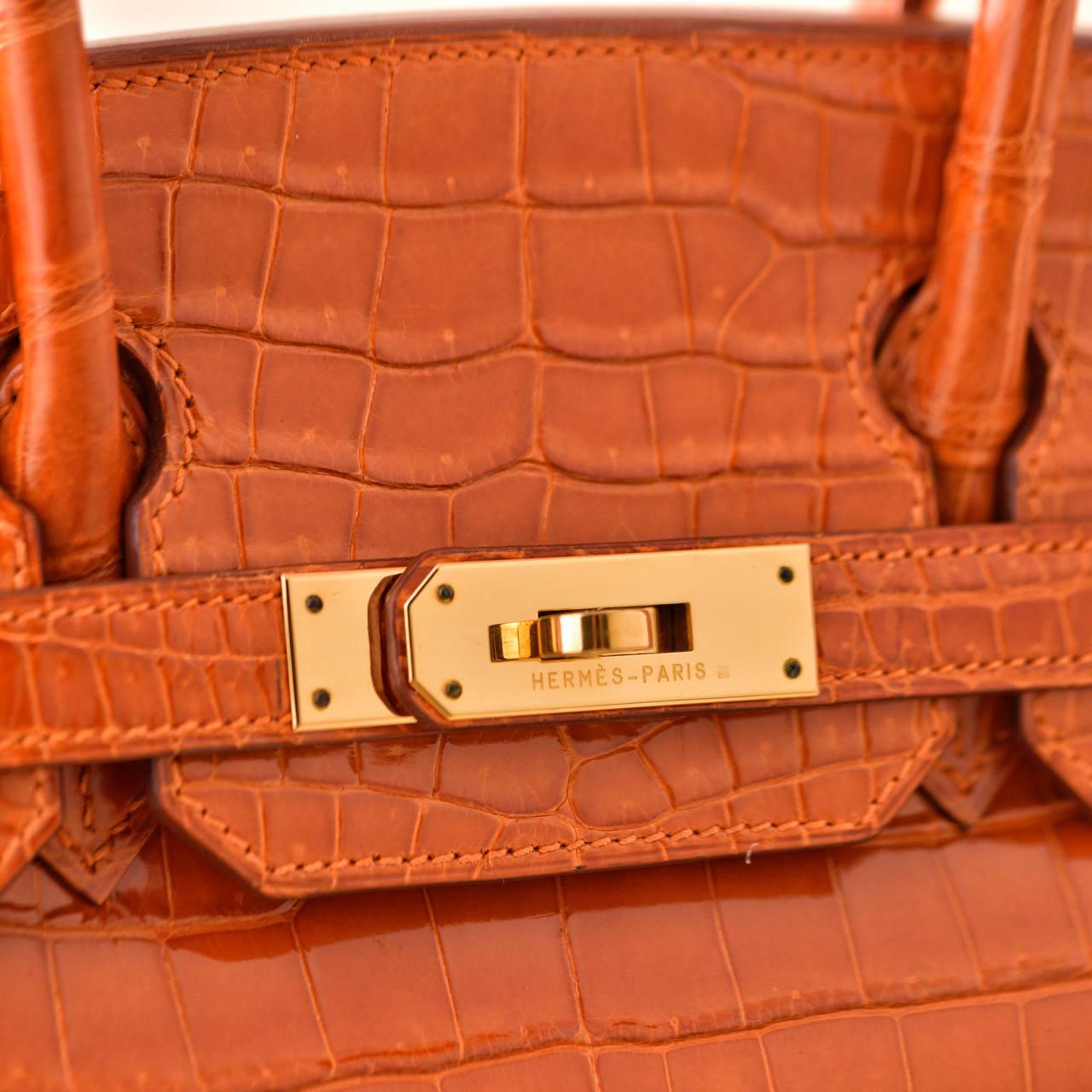 Hermès Birkin 30 Orange Shiny Crocodile Gold Hardware Handbag 10