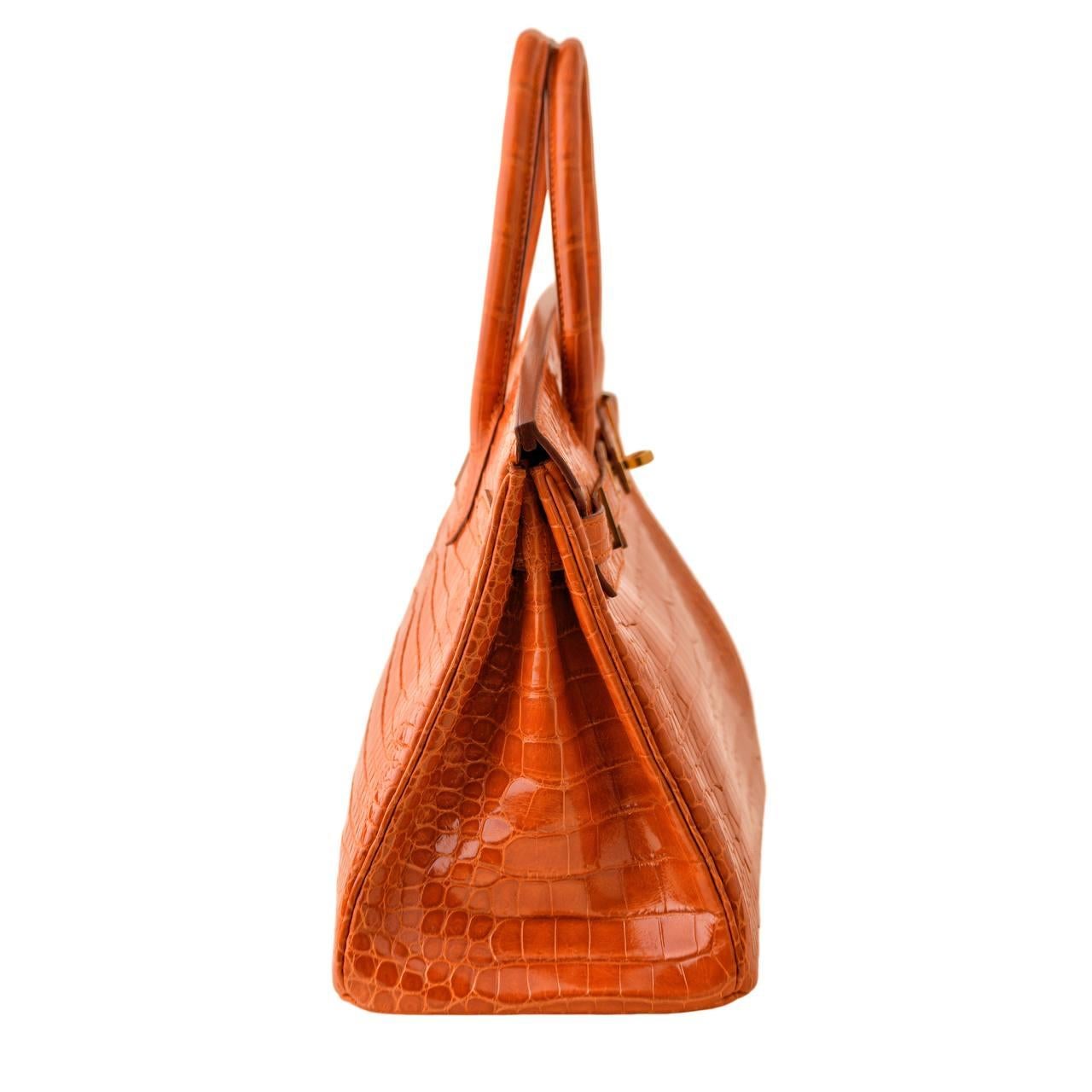 Hermès Birkin 30 Orange Shiny Crocodile Gold Hardware Handbag 2