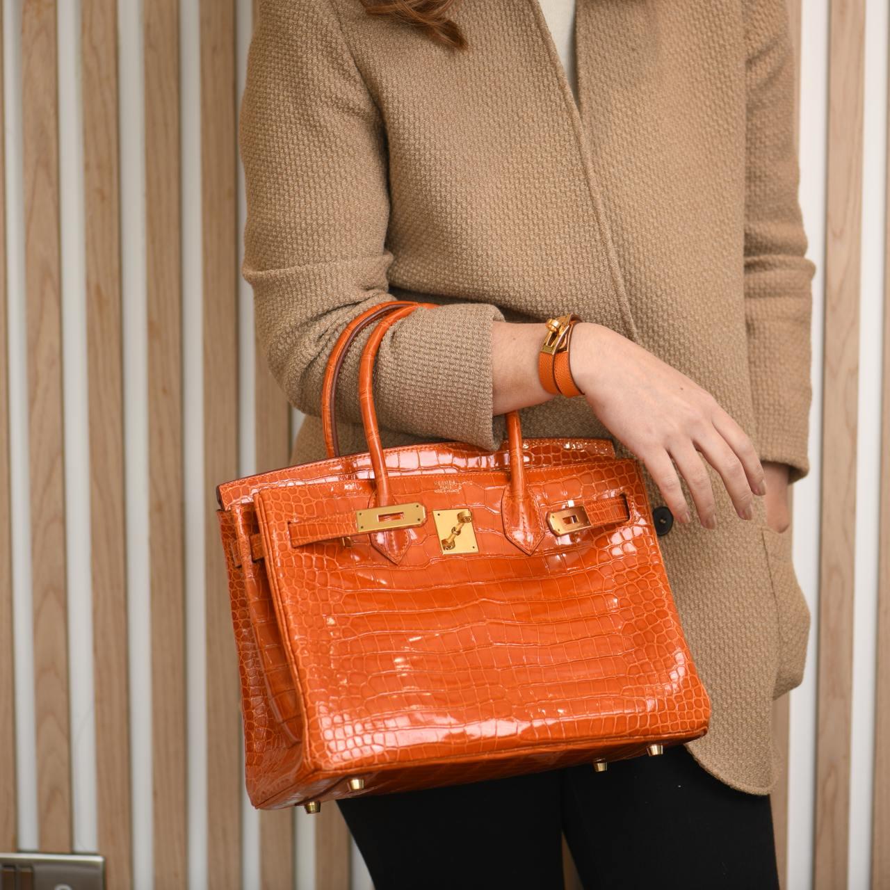 Hermès Birkin 30 Orange Shiny Crocodile Gold Hardware Handbag In Excellent Condition In Banbury, GB