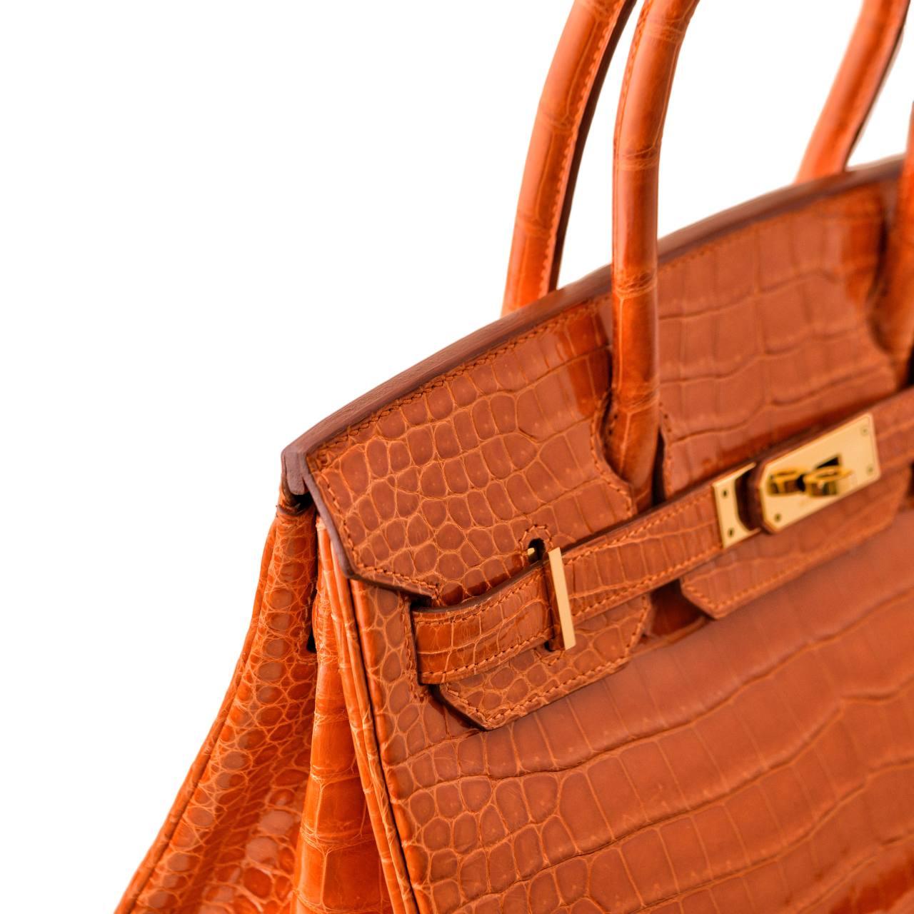 Hermès Birkin 30 Orange Shiny Crocodile Gold Hardware Handbag 6