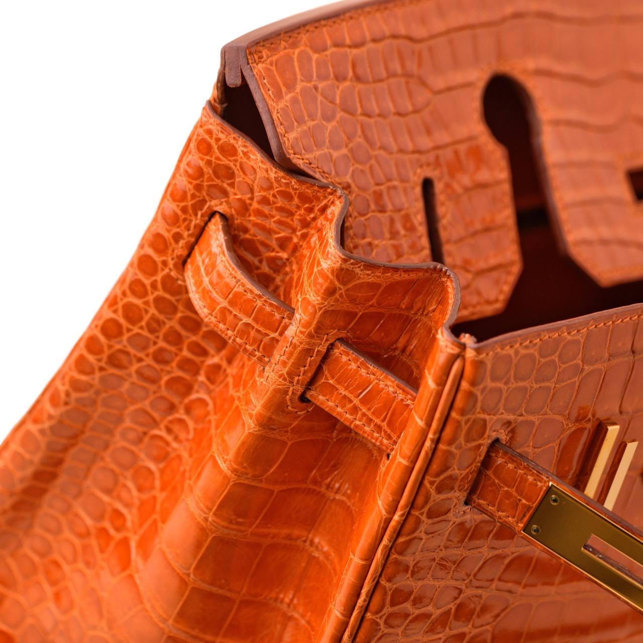 Hermès Birkin 30 Orange Shiny Crocodile Gold Hardware Handbag 8