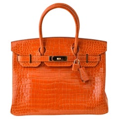 Hermès Birkin 30 Orange Crocodile brillant Quincaillerie or Sac à main