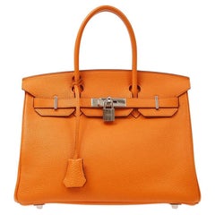 HERMES Birkin 30 Orange Togo Leather Gold Hardware Top Handle Tote Bag in Box