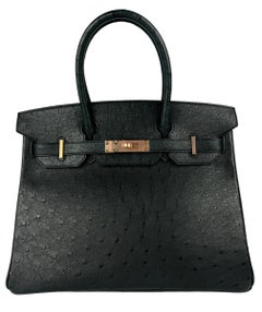 Hermes Birkin 30 Ostrich Black Noir Rose Gold Hardware RARE