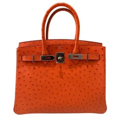 Hermes Birkin 30 Ostrich Tangerine Orange Leather Palladium Top Handle Bag