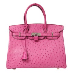 Hermes Birkin 30 Pink Ostrich Leather Exotic Silver Top Handle Satchel Tote Bag
