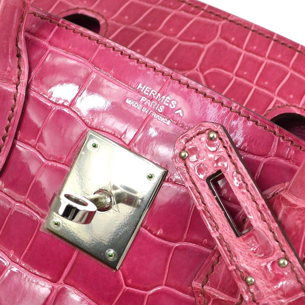 HERMES Birkin 30 Pink Shiny Porosus Crocodile Exotic Palladium Tote Bag In Good Condition In Chicago, IL
