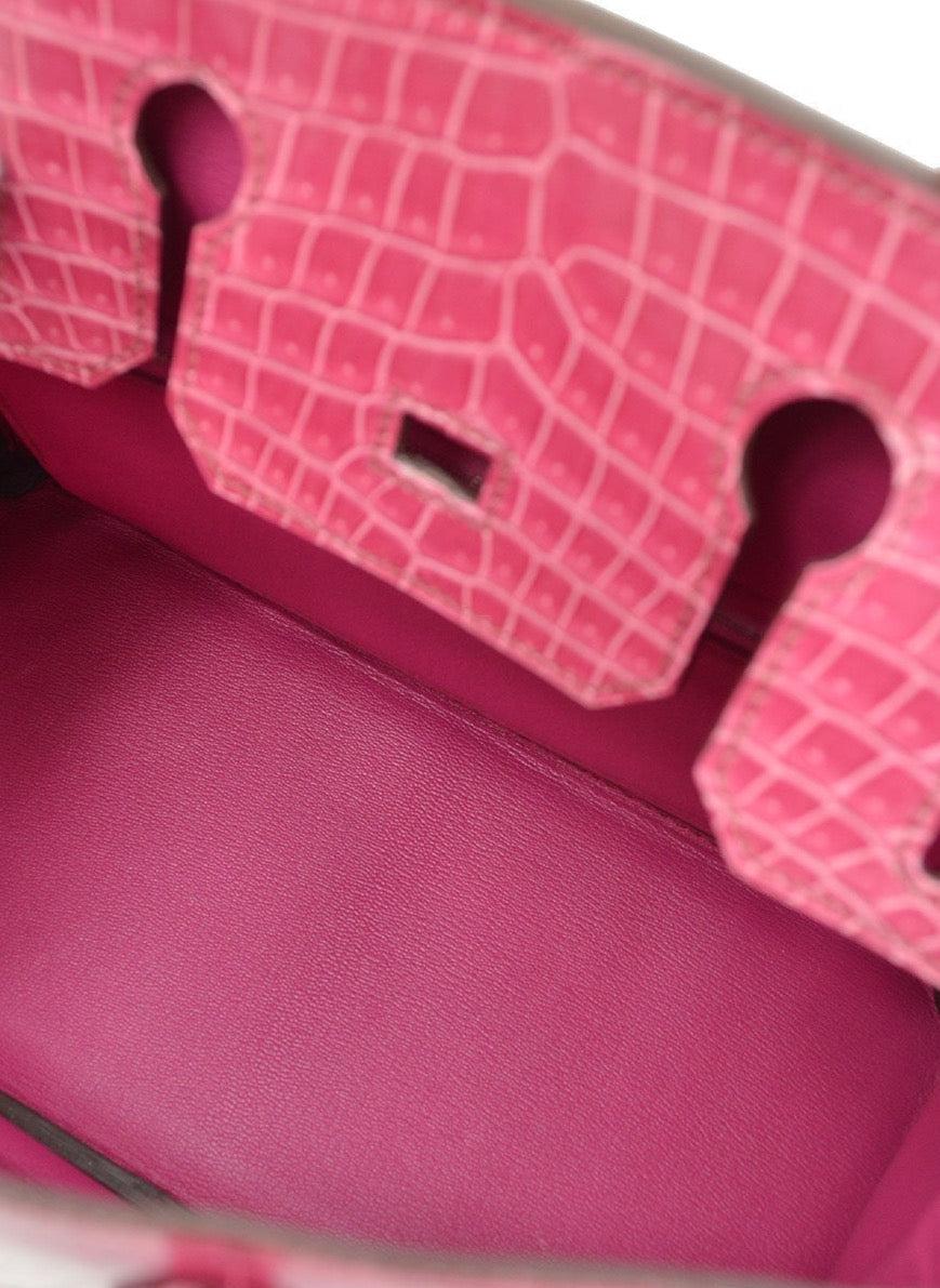 Women's HERMES Birkin 30 Pink Shiny Porosus Crocodile Exotic Palladium Tote Bag