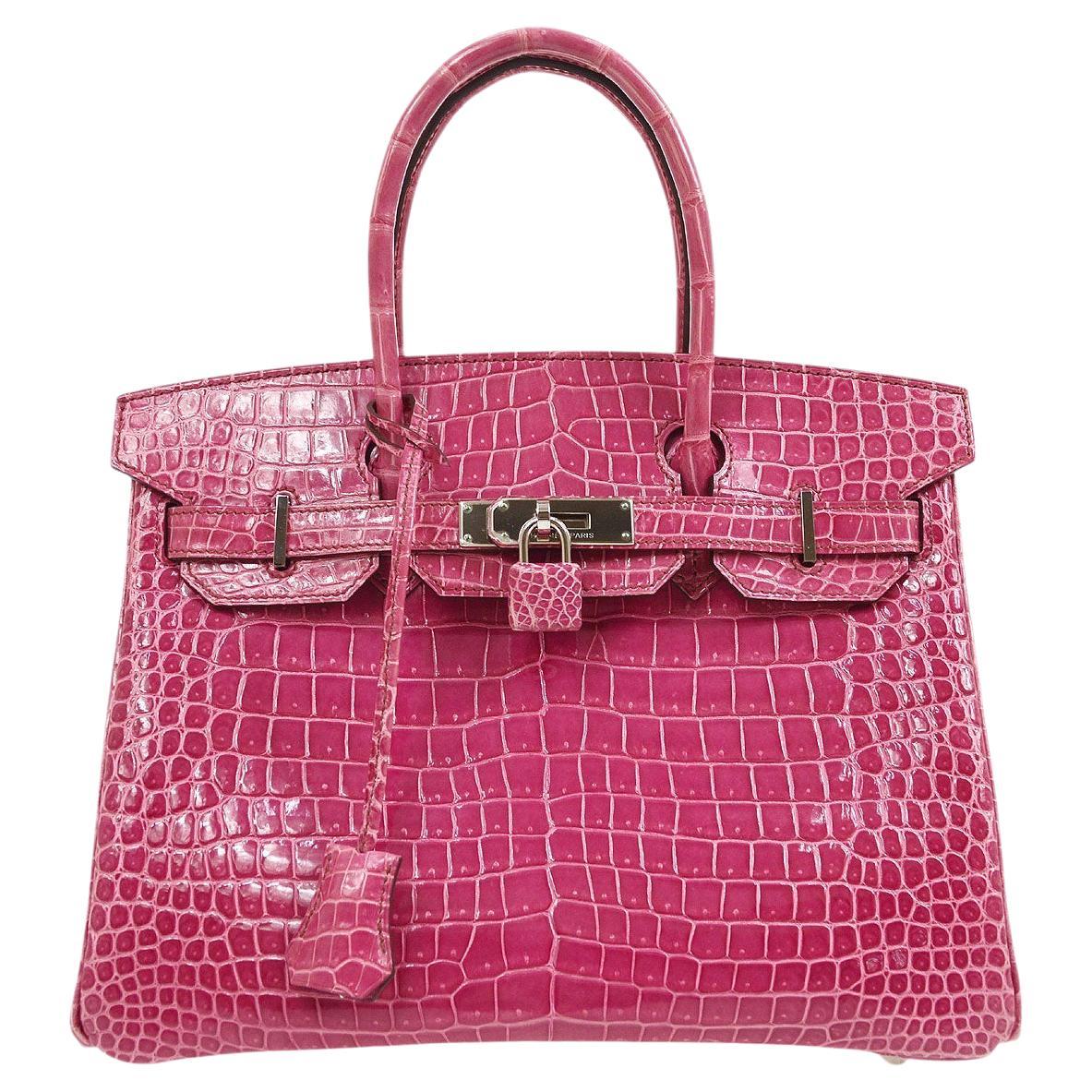 HERMES Birkin 30 Pink Shiny Porosus Crocodile Exotic Palladium Tote Bag