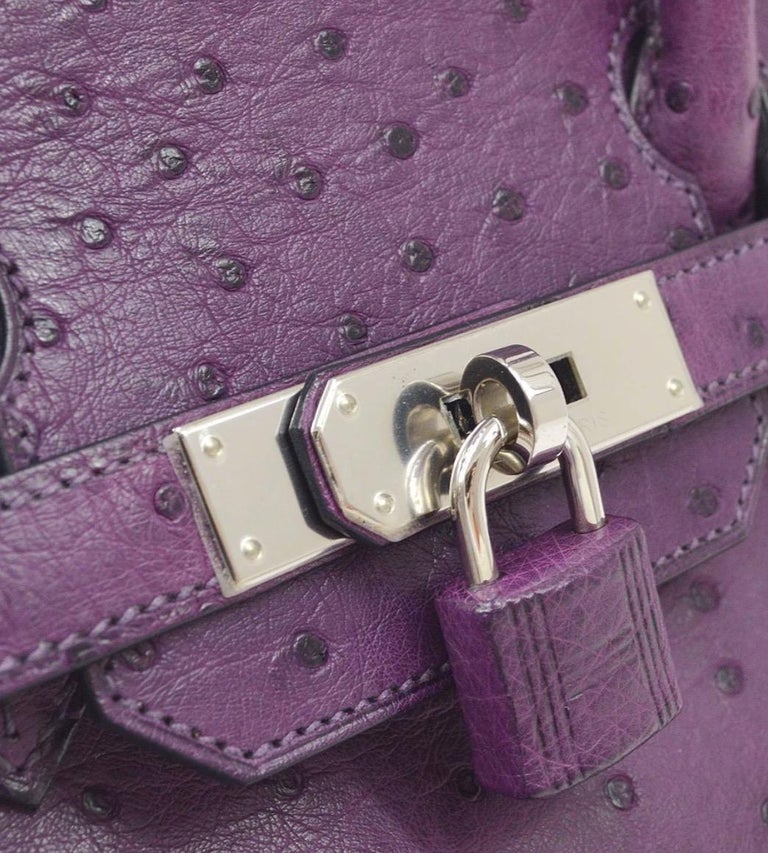Ostrich
Palladium tone hardware
Leather lining
Turn lock closure 
Made in France
Date code present
Handle drop 4.5