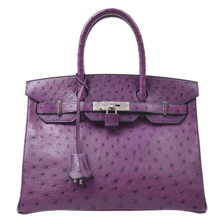 Hermes Birkin 30 Purple Ostrich Exotic Silver Top Handle Satchel Tote Bag For Sale
