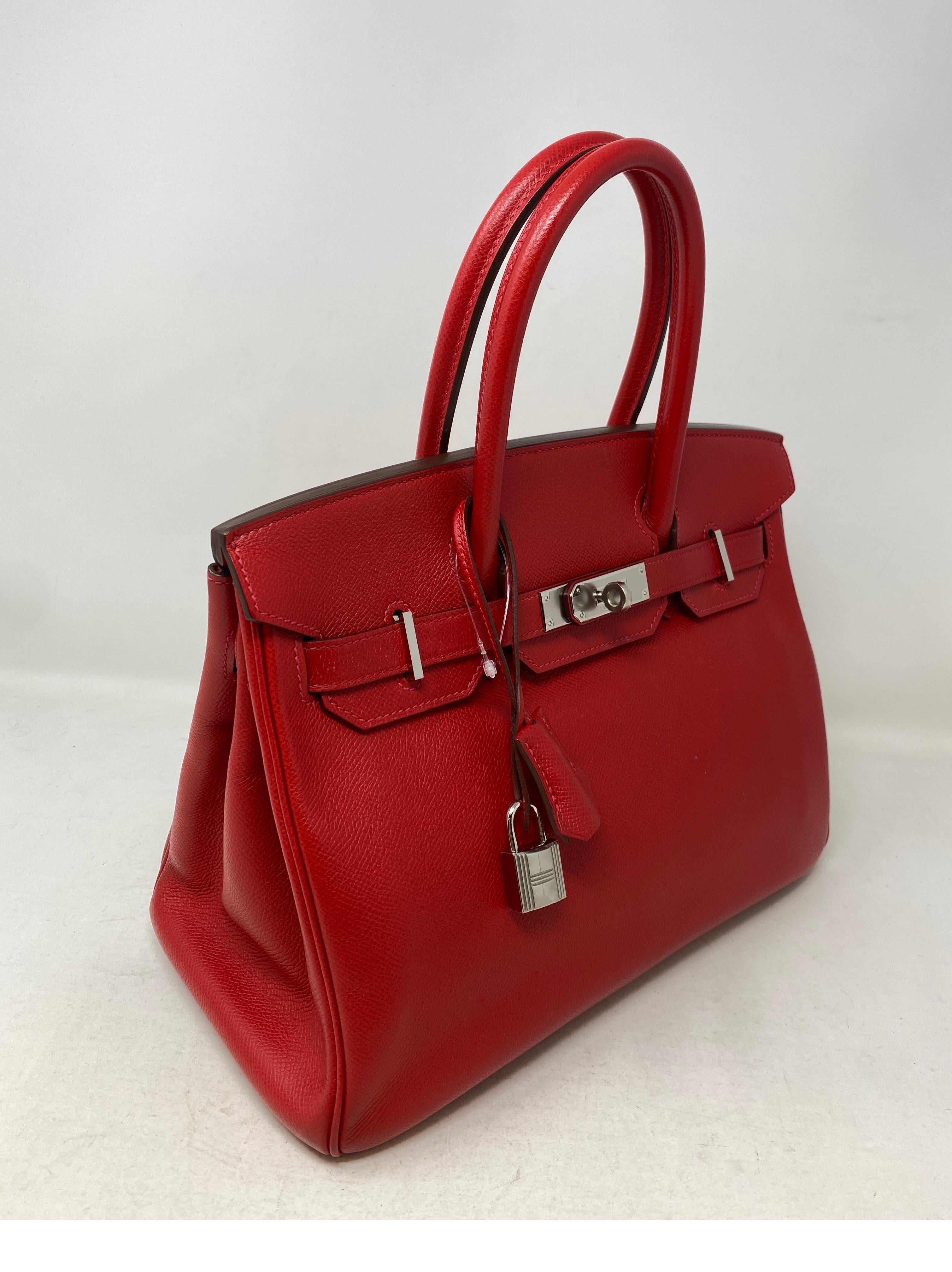 Hermes Rouge Casaque Birkin 30 Bag. Palladium hardware. Excellent like new condition. Plastic still on hardware. Rare 30 size. Great investment bag. Includes clochette, lock, keys, and dust cover. Guaranteed authentic. 