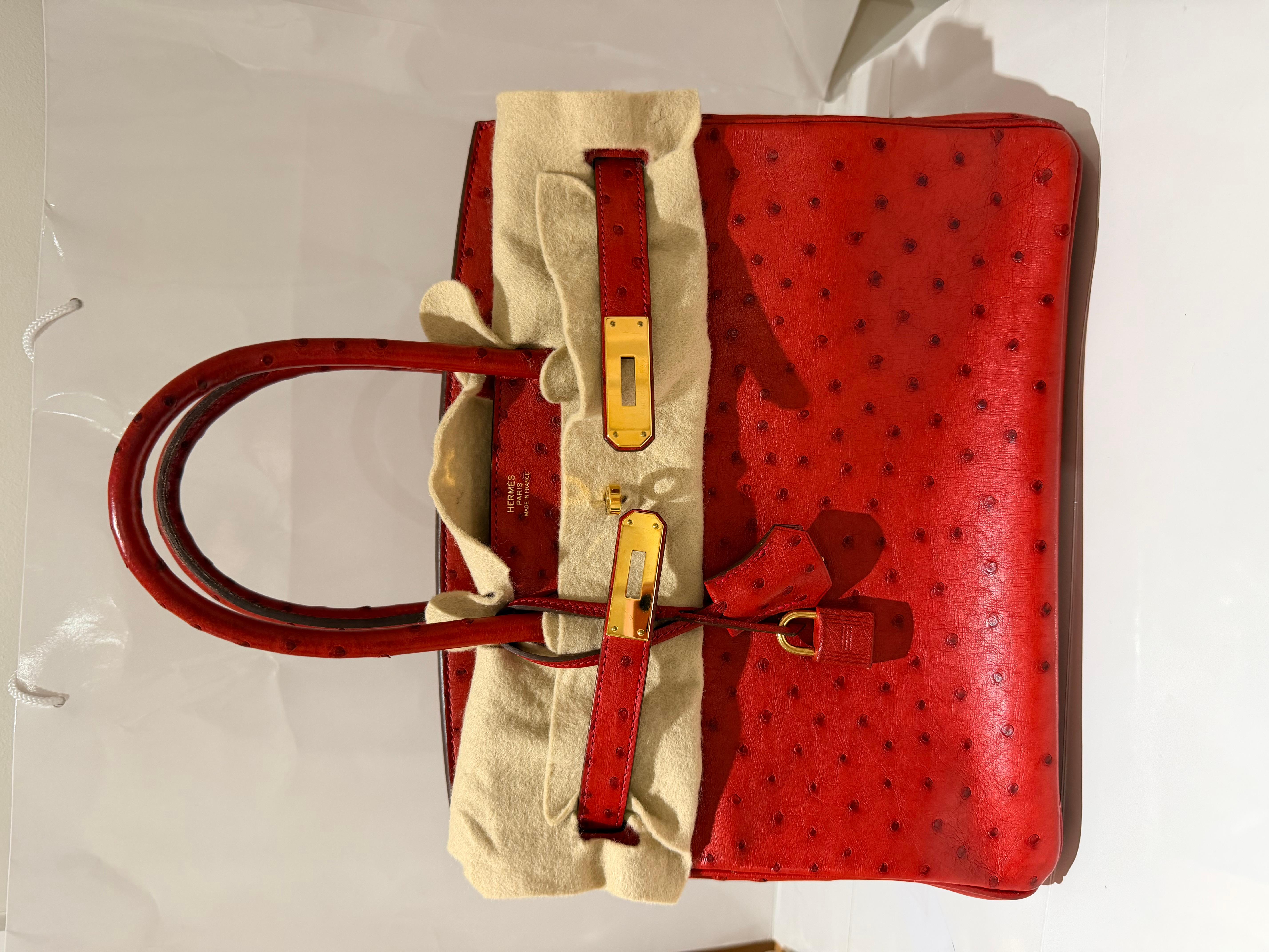 Sac à main Hermes Birkin 30 en autruche rouge et orfèvrerie, double poignée en cuir rouge pour le transport à la main
Fermeture avec rabat. Lumineux et festif pour un look classique parfait.
Intérieur doublé en cuir rouge, une poche zippée, une