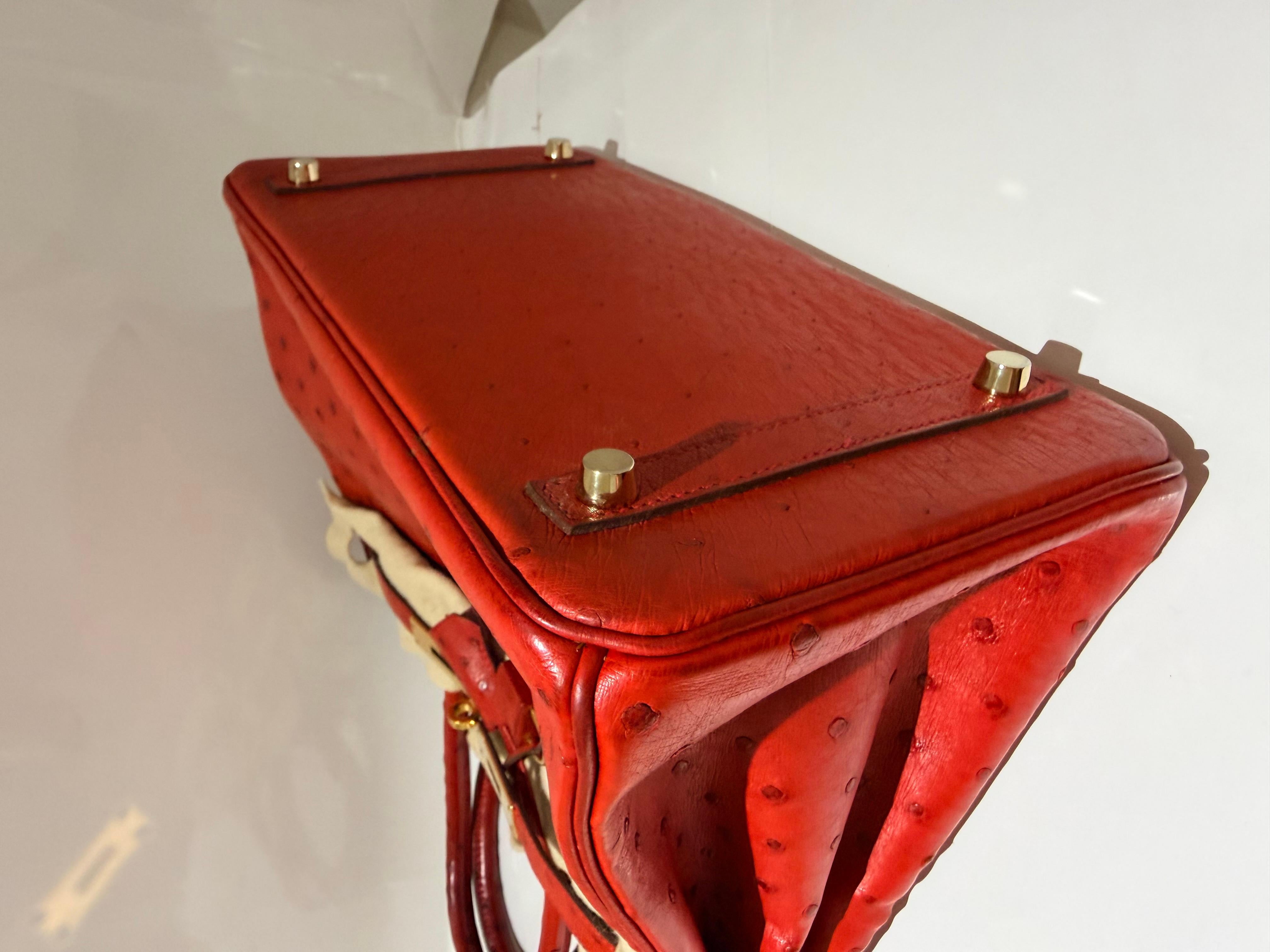Sac à main Hermes Birkin 30 en autruche rouge et métal doré Unisexe en vente