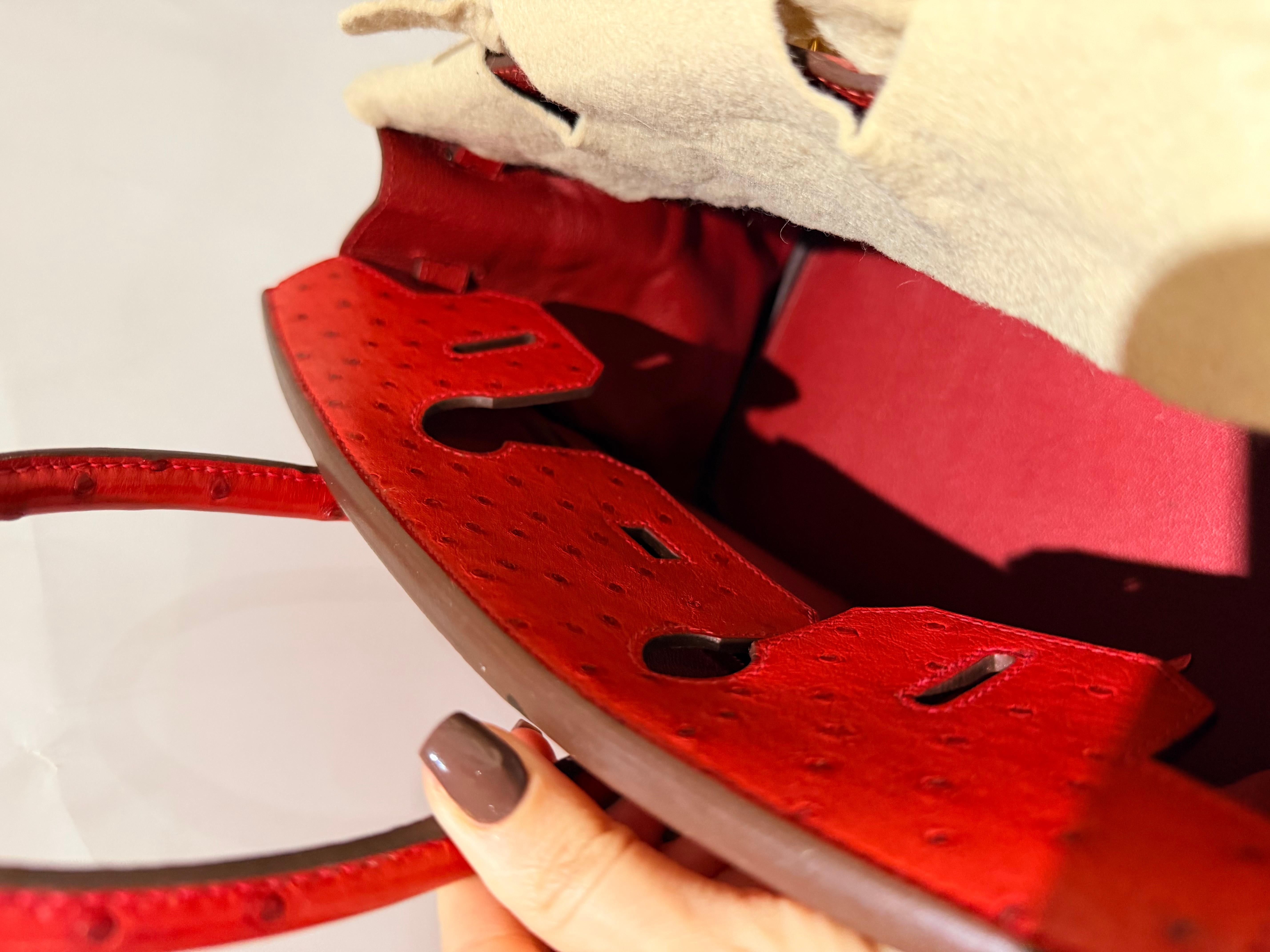 Sac à main Hermes Birkin 30 en autruche rouge et métal doré en vente 1