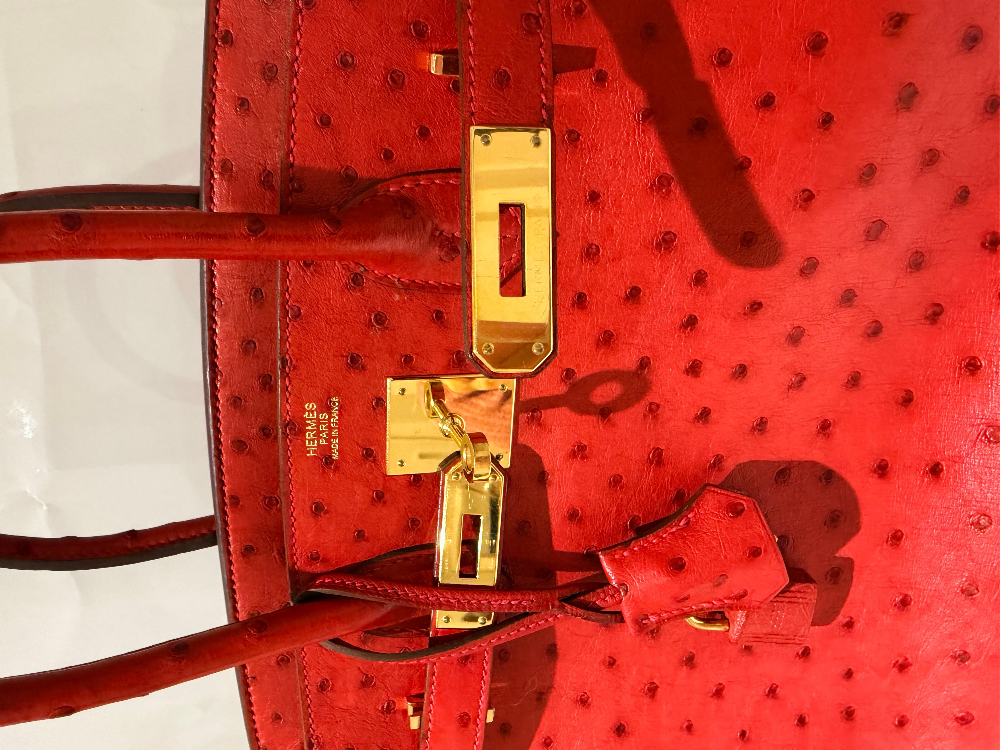 Sac à main Hermes Birkin 30 en autruche rouge et métal doré en vente 2