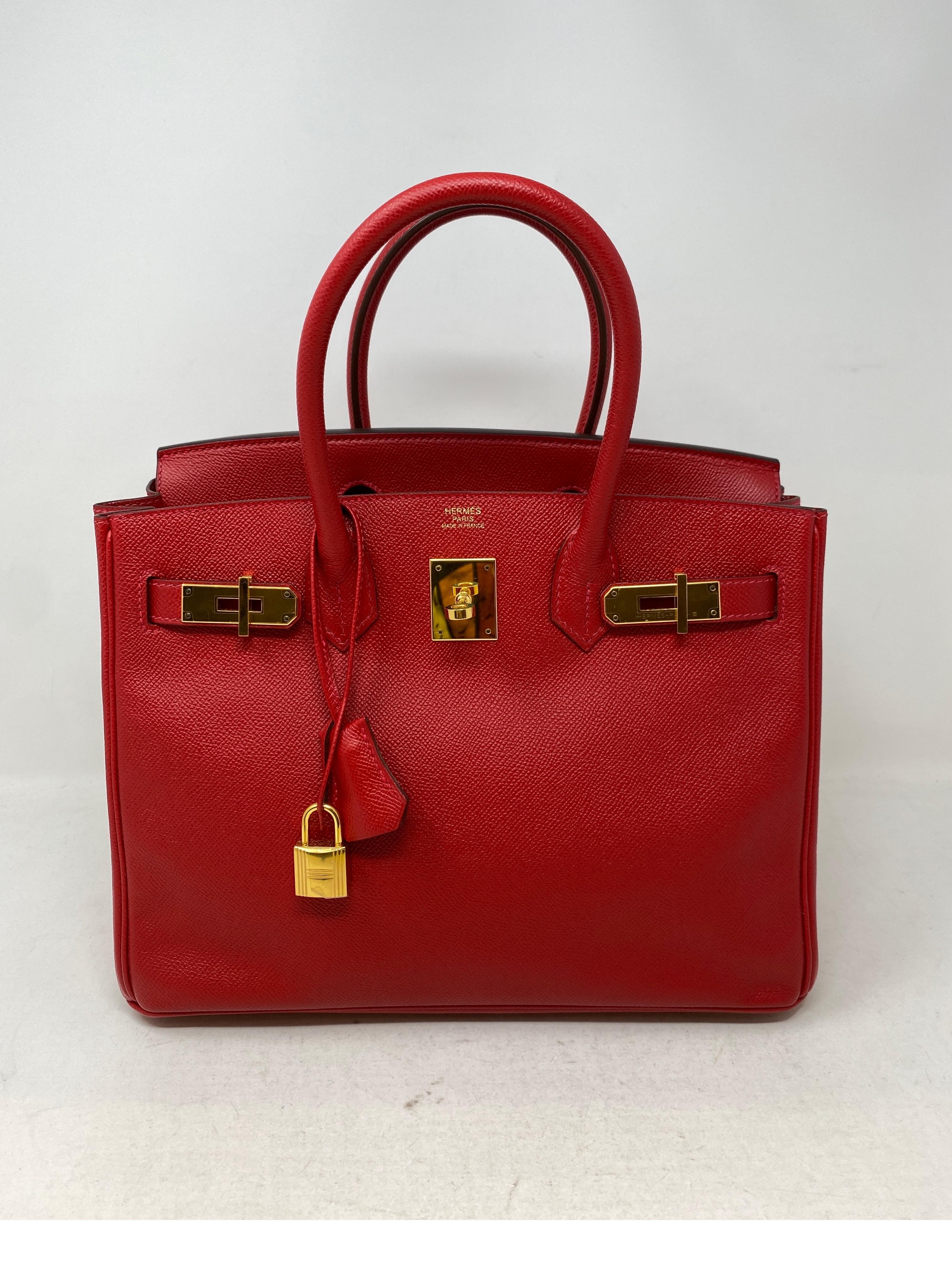 Hermes Birkin 30 Red Bag. Stunning Rouge Casaque Birkin. Gold hardware. Epsom leather. Looks brand new. Still has palstic on hardware. Excellent condition. Would make a great addition to your collection. Desired size and color. Includes clochette,