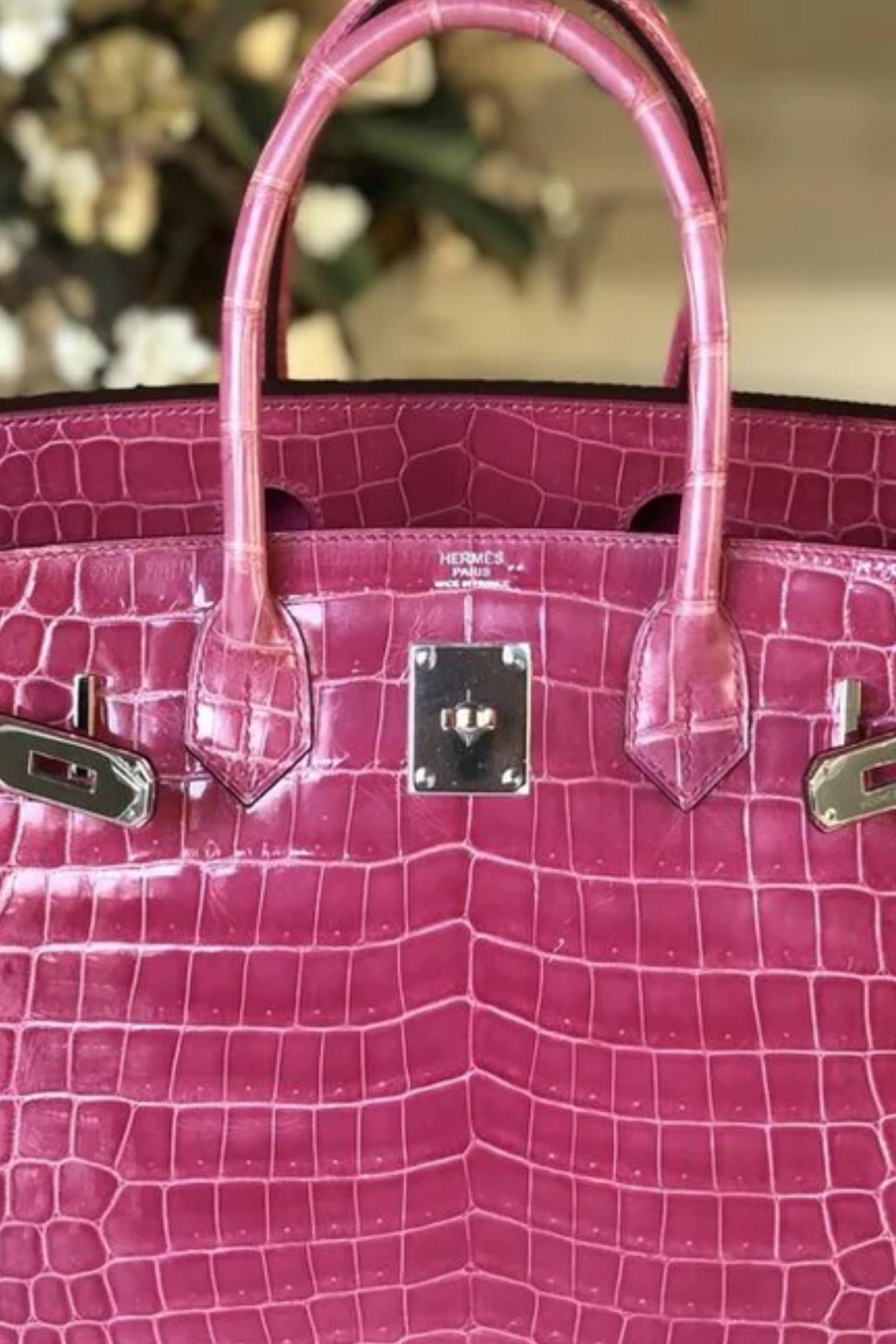 Hermes Birkin 30 Rose Pink Tyrien Shiny Niloticus P Stamp 2012 PHW Complete in vendita 8