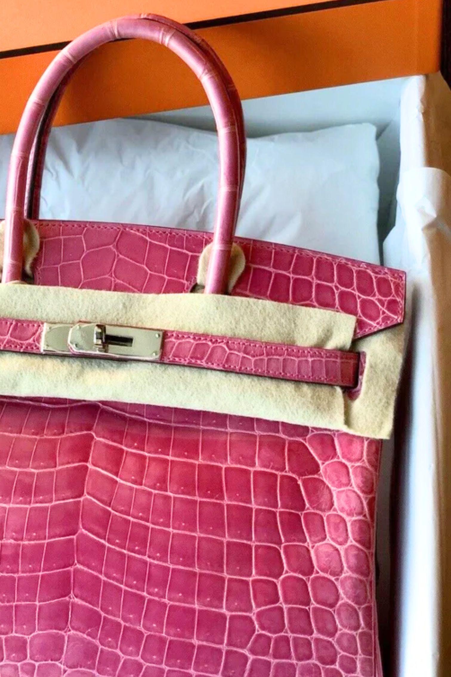 Hermes Birkin 30 Rose Pink Tyrien Shiny Niloticus P Stamp 2012 PHW Complete in vendita 10
