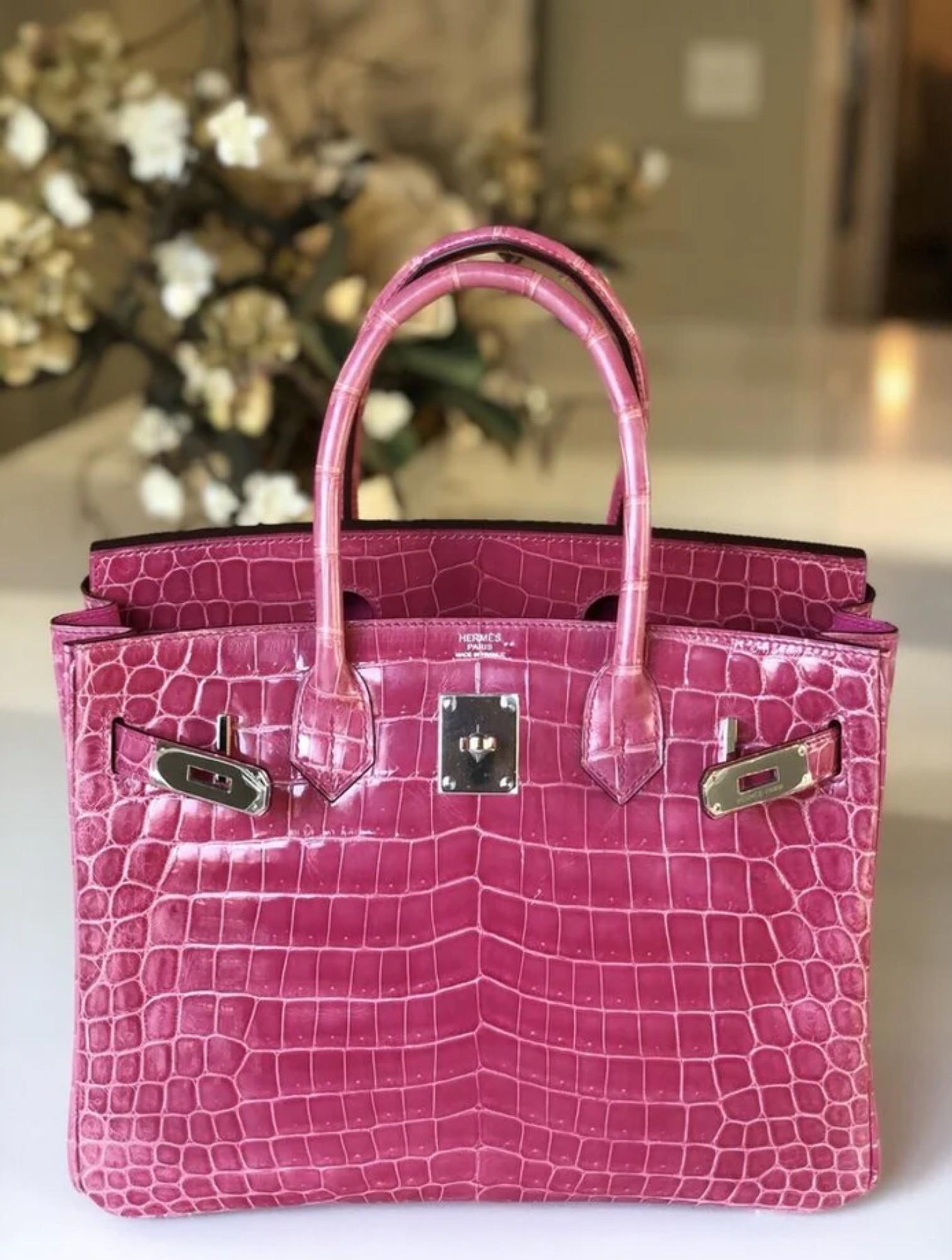 Hermes Birkin 30 Rose Pink Tyrien Shiny Niloticus P Stamp 2012 PHW Complete in vendita 11