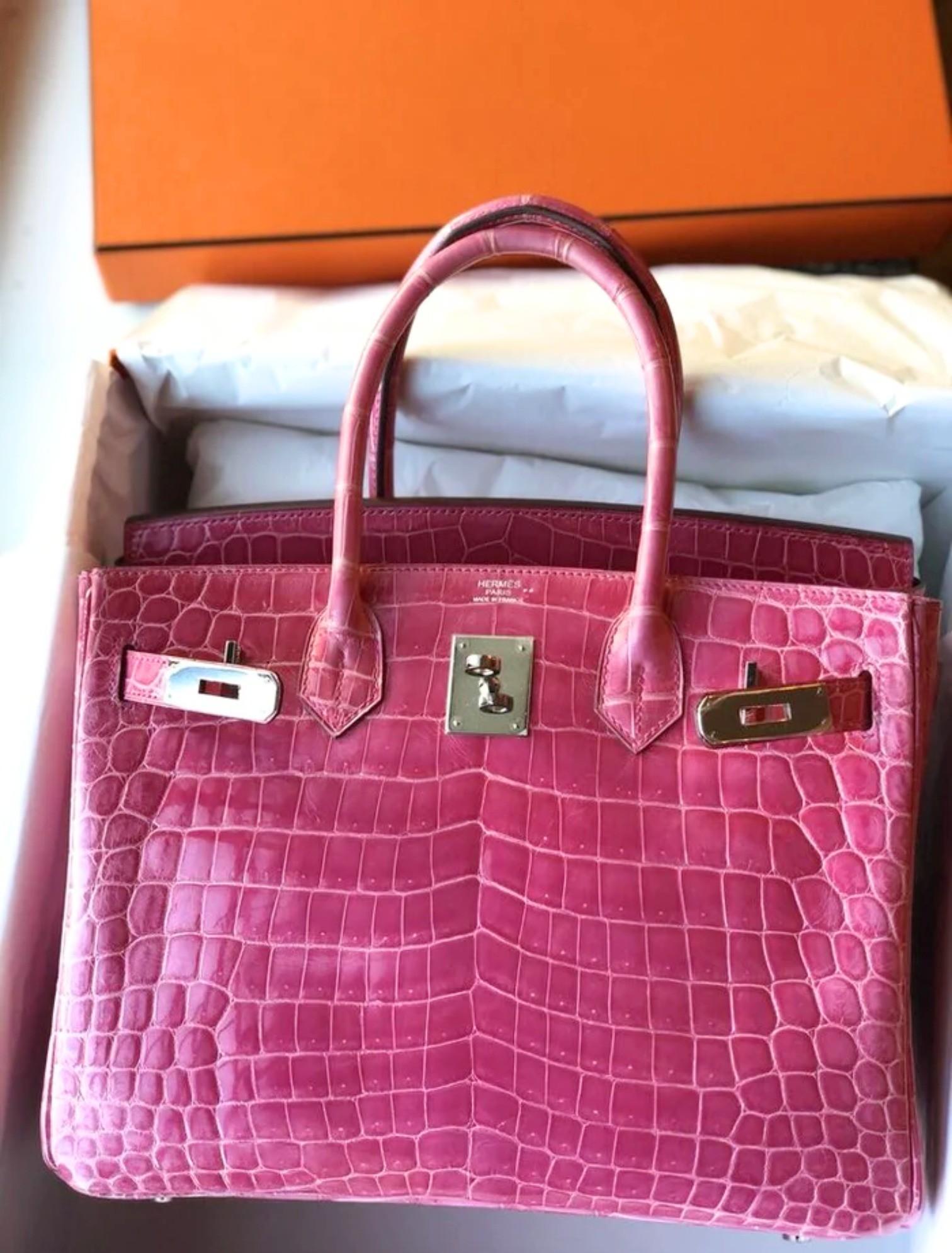 Hermes Birkin 30 Rose Pink Tyrien Shiny Niloticus P Stamp 2012 PHW Complete in vendita 14