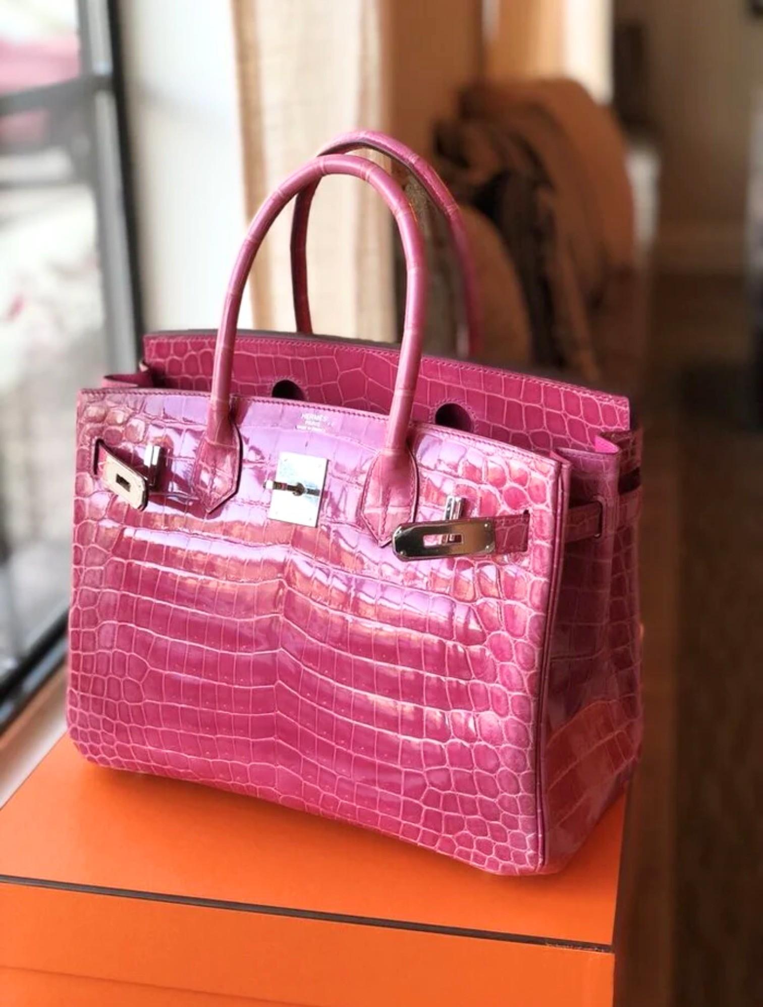 Hermes Birkin 30 Rose Pink Tyrien Shiny Niloticus P Stamp 2012 PHW Complete in vendita 15