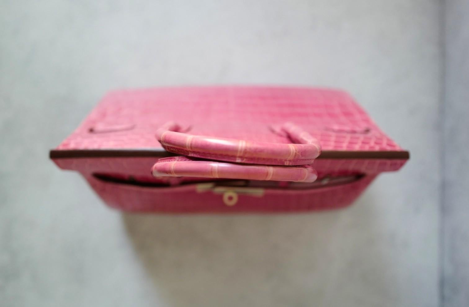 Donna Hermes Birkin 30 Rose Pink Tyrien Shiny Niloticus P Stamp 2012 PHW Complete in vendita