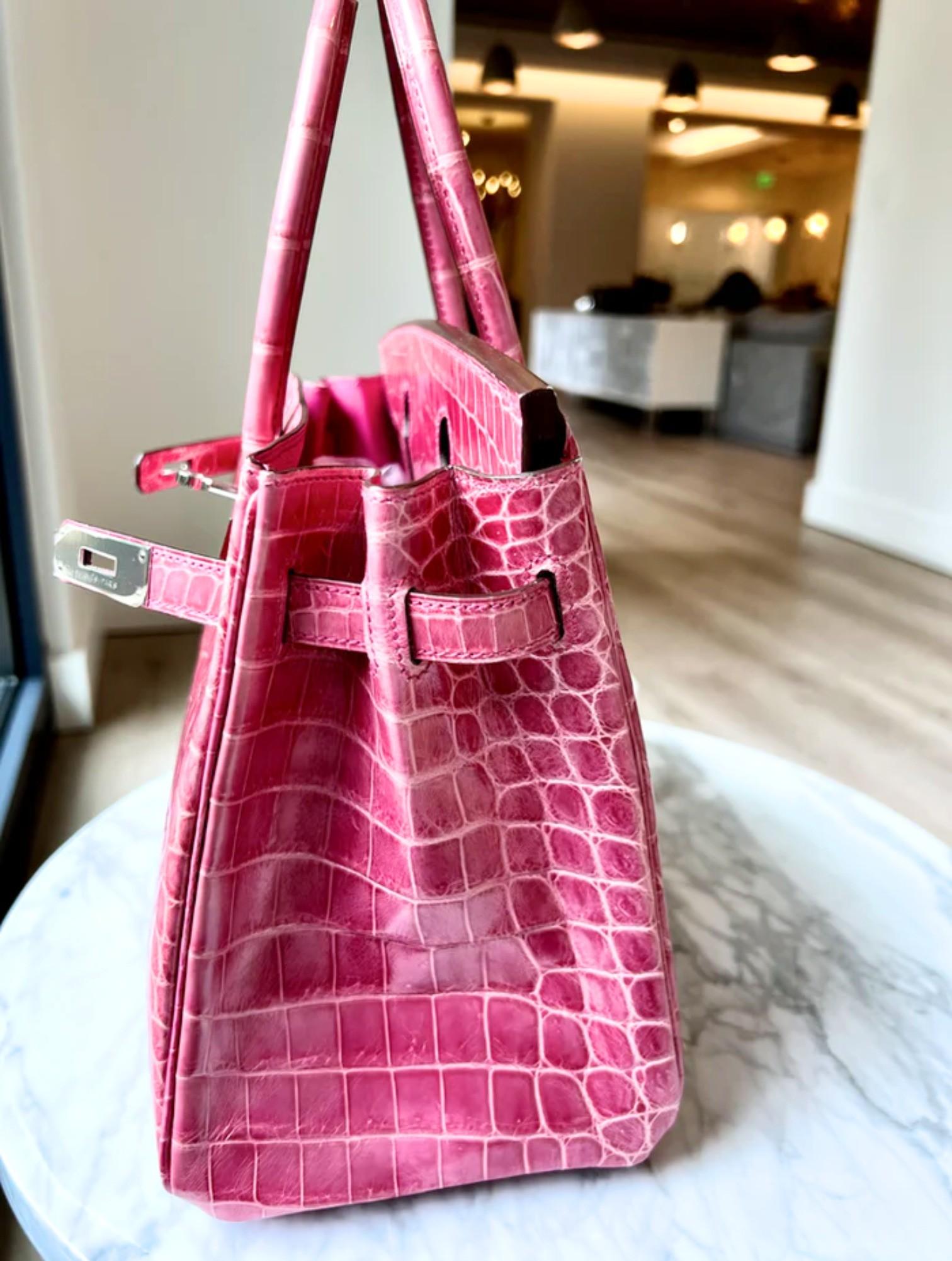 Hermes Birkin 30 Rose Pink Tyrien Shiny Niloticus P Stamp 2012 PHW Complete in vendita 1