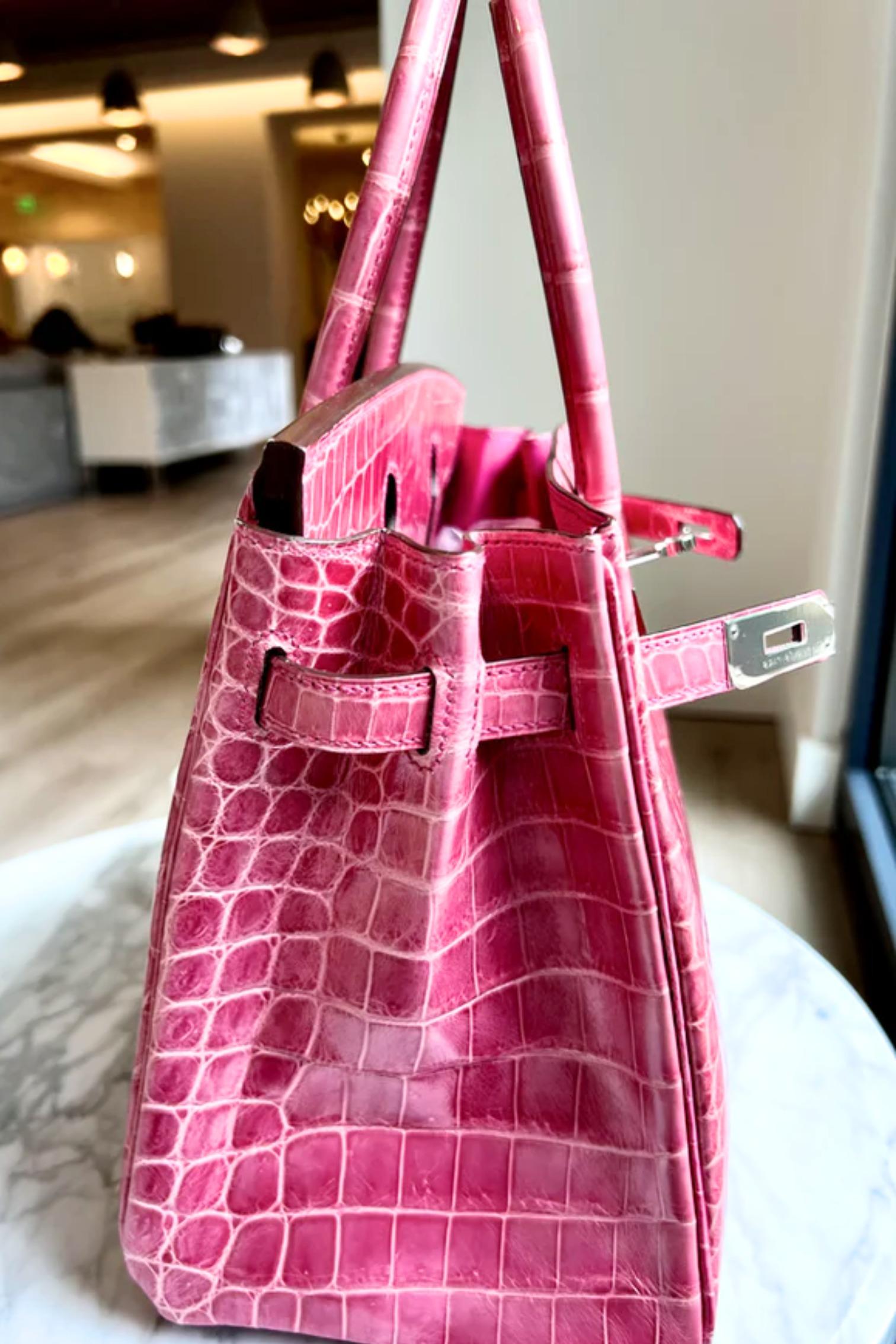 Hermes Birkin 30 Rose Pink Tyrien Shiny Niloticus P Stamp 2012 PHW Complete in vendita 2