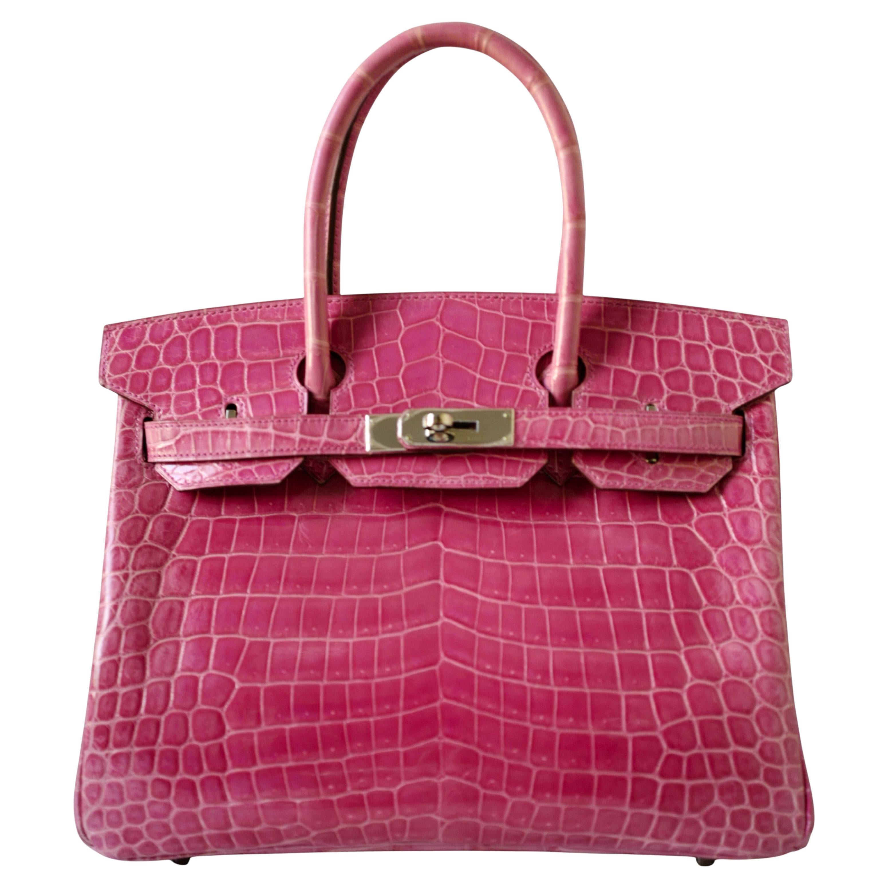 Hermes Birkin 30 Rose Pink Tyrien Shiny Niloticus P Stamp 2012 PHW Complete in vendita
