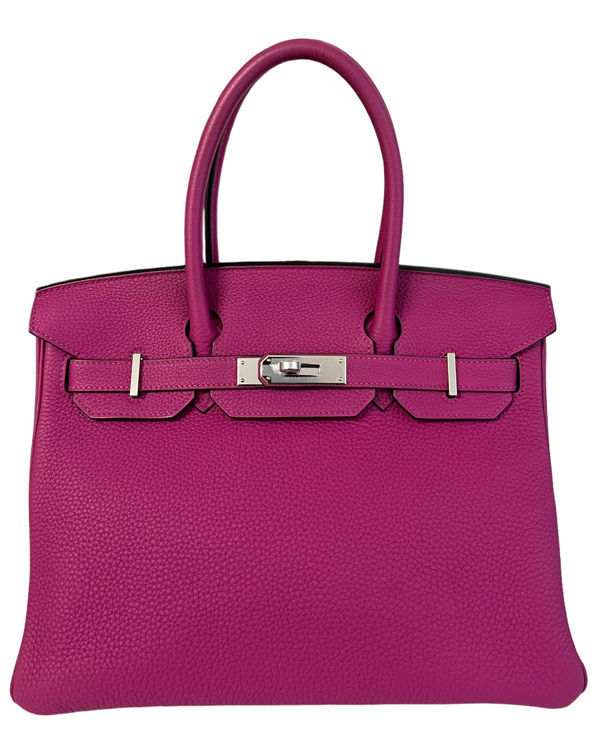 Stunning Pristine Hermes Birkin 30 Rose Pourpre Togo Leather Palladium Hardware. 2020 Y Stamp. Pristine condition with plastic on all hardware. Almost as New, Only Worn A Couple of Times.

Shop with Confidence from Lux Addicts. Authenticity