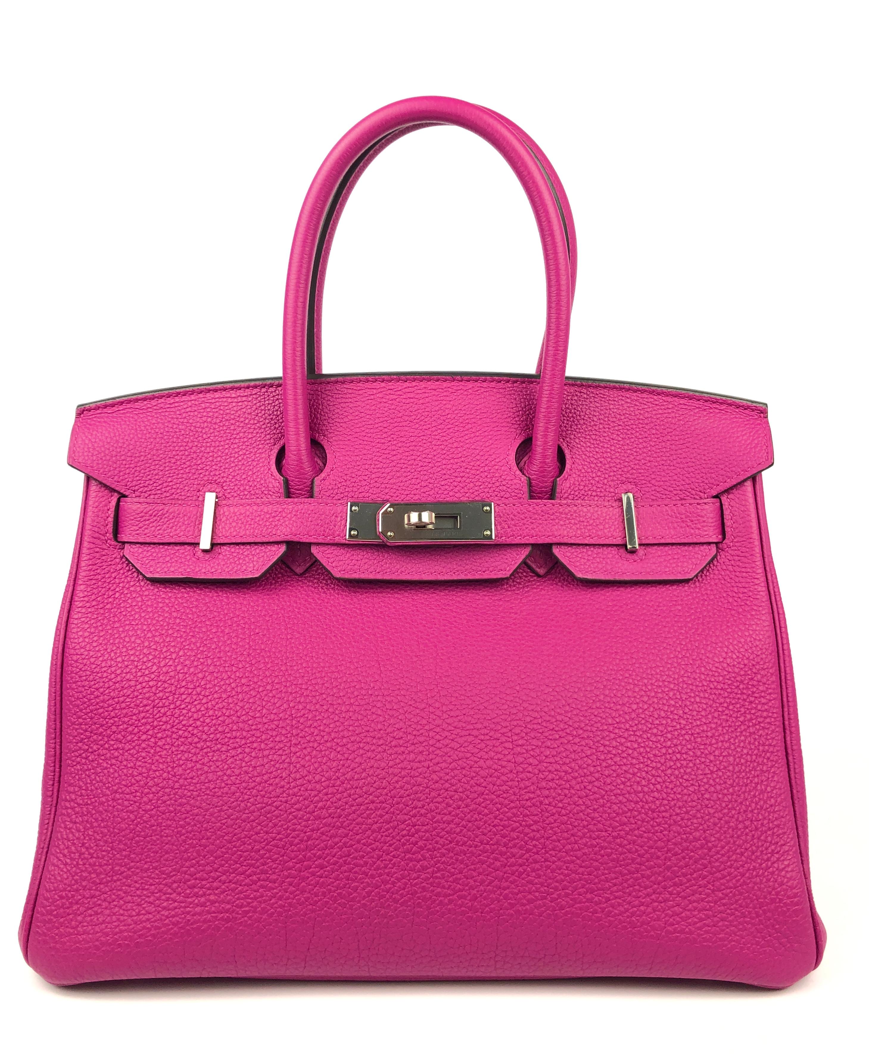 RARE Stunning Hermes Birkin 30 Rose Pourpre Pink Purple Palladium Hardware. Pristine Condition Like New with Plastic on All Hardware.

Shop with Confidence from Lux Addicts. Authenticity Guaranteed!