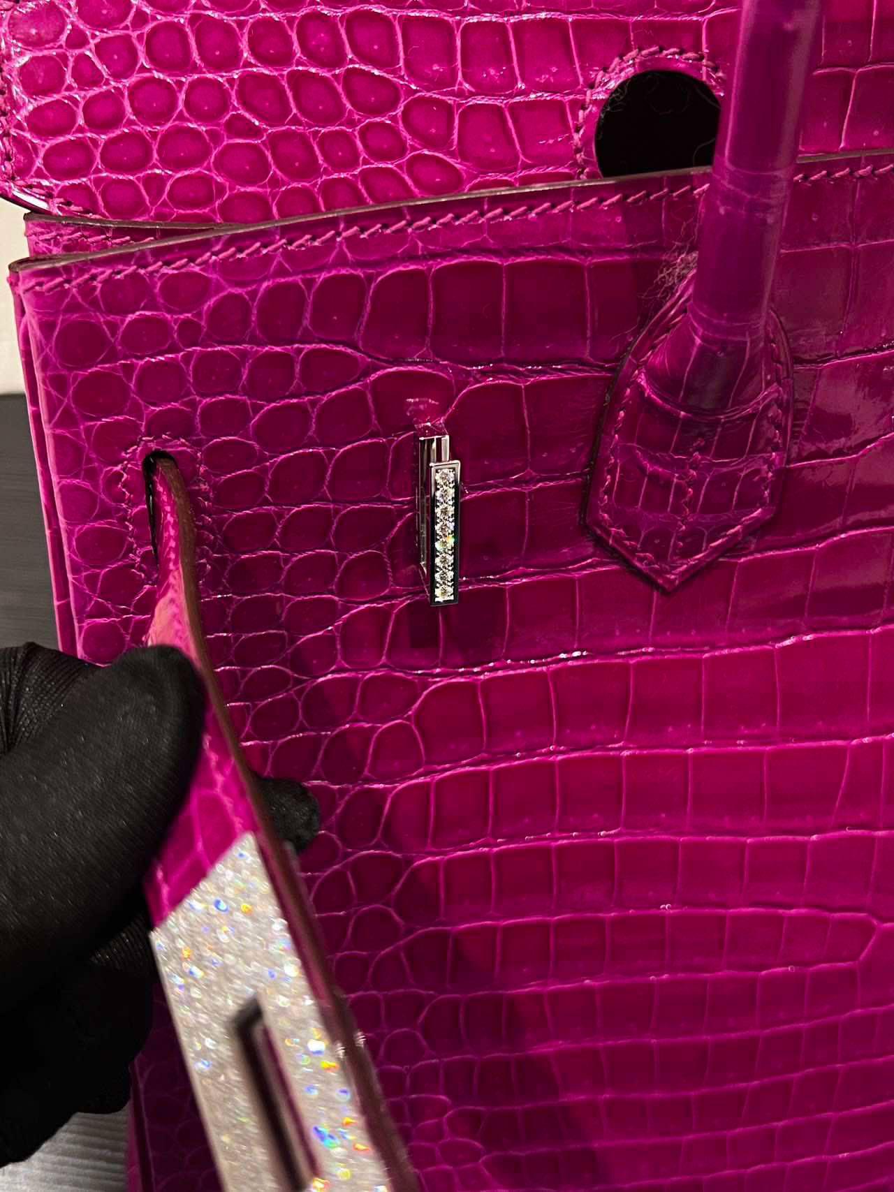 Hermes Birkin 30 Rosa Scheherazade Bolso Cocodrilo Brillante Con Diamantes Oro 18K en venta 8