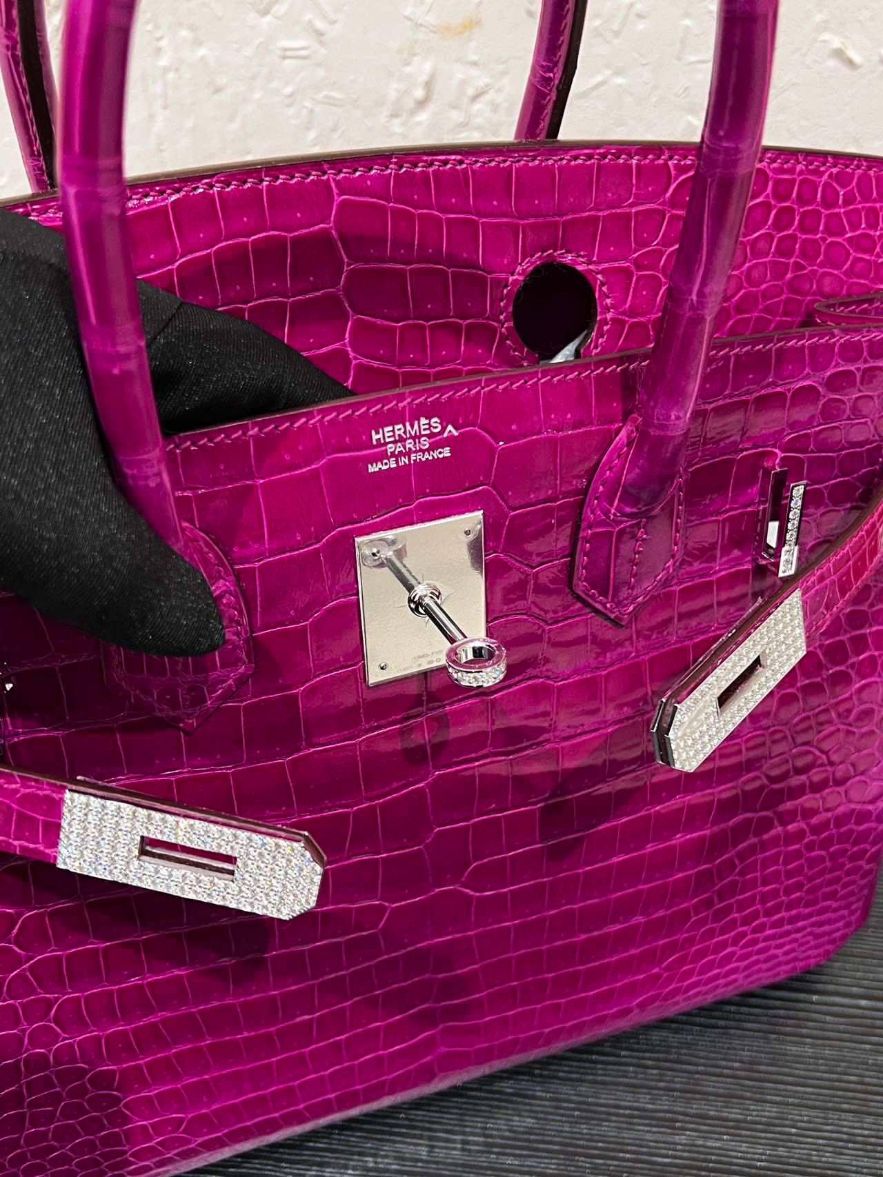 Hermes Birkin 30 Rosa Scheherazade Bolso Cocodrilo Brillante Con Diamantes Oro 18K en venta 9