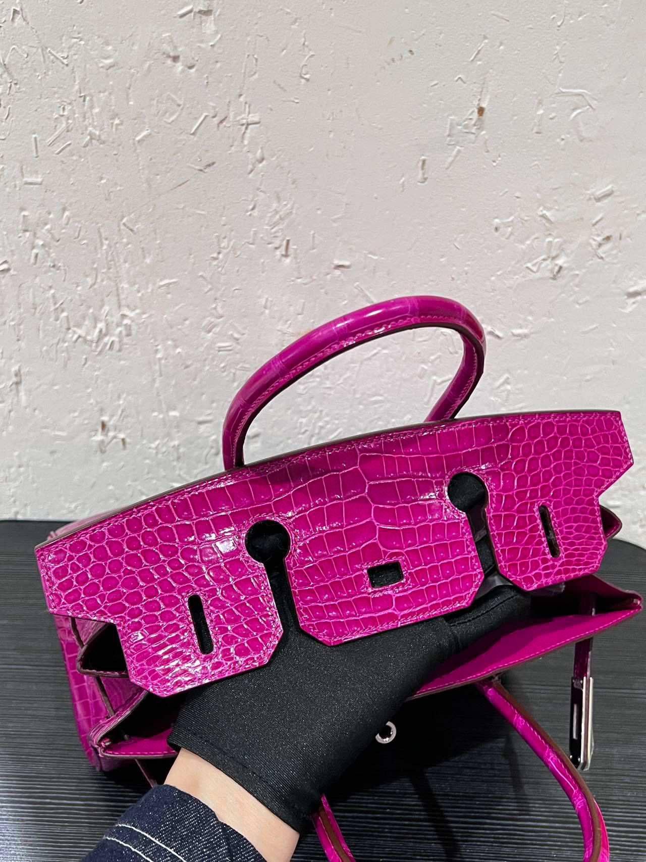 Hermes Birkin 30 Rosa Scheherazade Bolso Cocodrilo Brillante Con Diamantes Oro 18K en venta 11