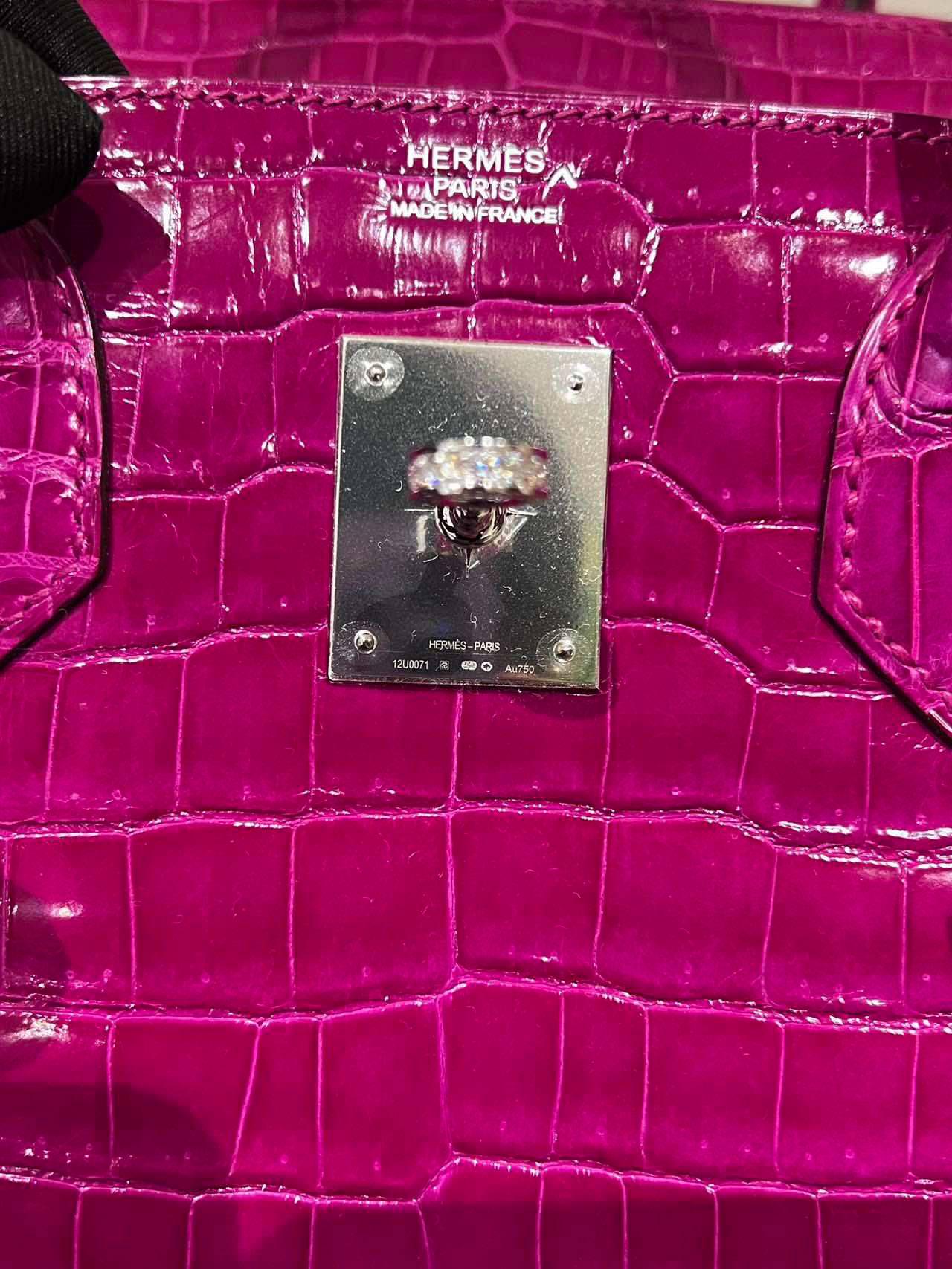 Hermes Birkin 30 Rosa Scheherazade Bolso Cocodrilo Brillante Con Diamantes Oro 18K en venta 12