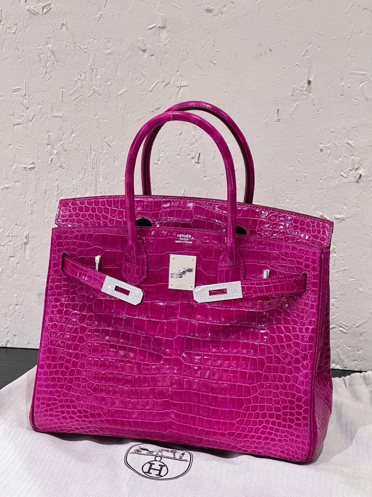 Hermes Birkin 30 Rosa Scheherazade Bolso Cocodrilo Brillante Con Diamantes Oro 18K Púrpura en venta