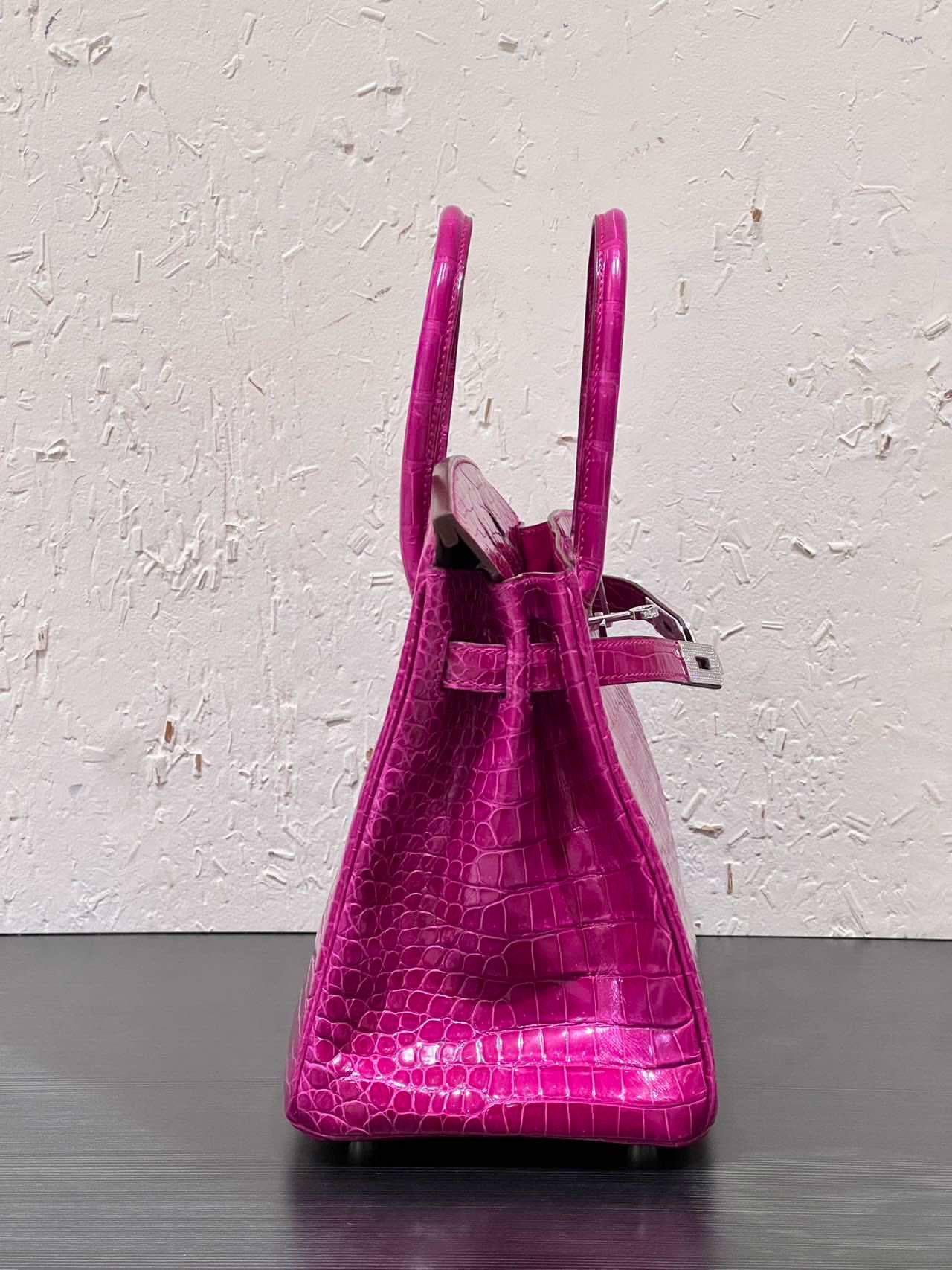 Femenino o masculino Hermes Birkin 30 Rosa Scheherazade Bolso Cocodrilo Brillante Con Diamantes Oro 18K en venta