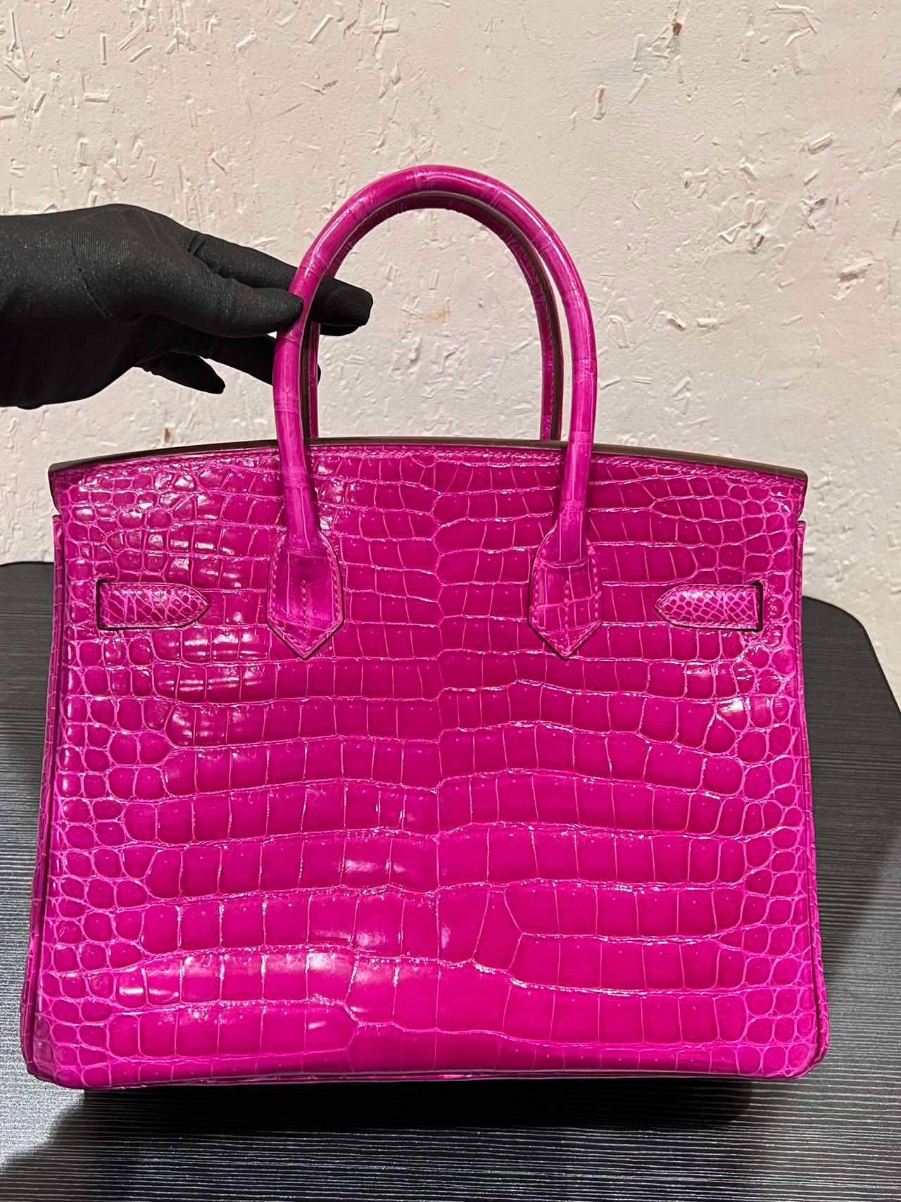 Hermes Birkin 30 Rosa Scheherazade Bolso Cocodrilo Brillante Con Diamantes Oro 18K en venta 3
