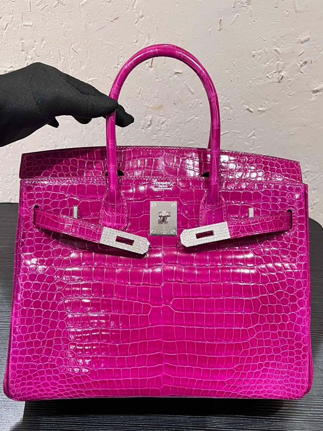 Hermes Birkin 30 Rosa Scheherazade Bolso Cocodrilo Brillante Con Diamantes Oro 18K en venta 4