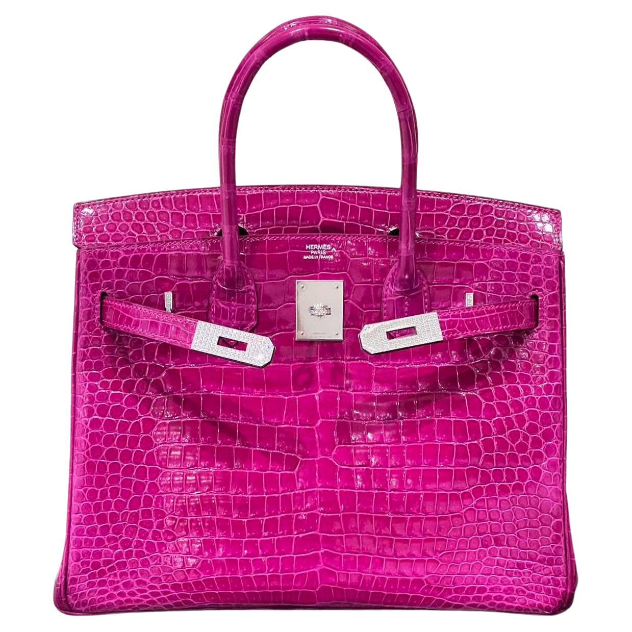 Hermes Birkin 30 Rosa Scheherazade Bolso Cocodrilo Brillante Con Diamantes Oro 18K en venta