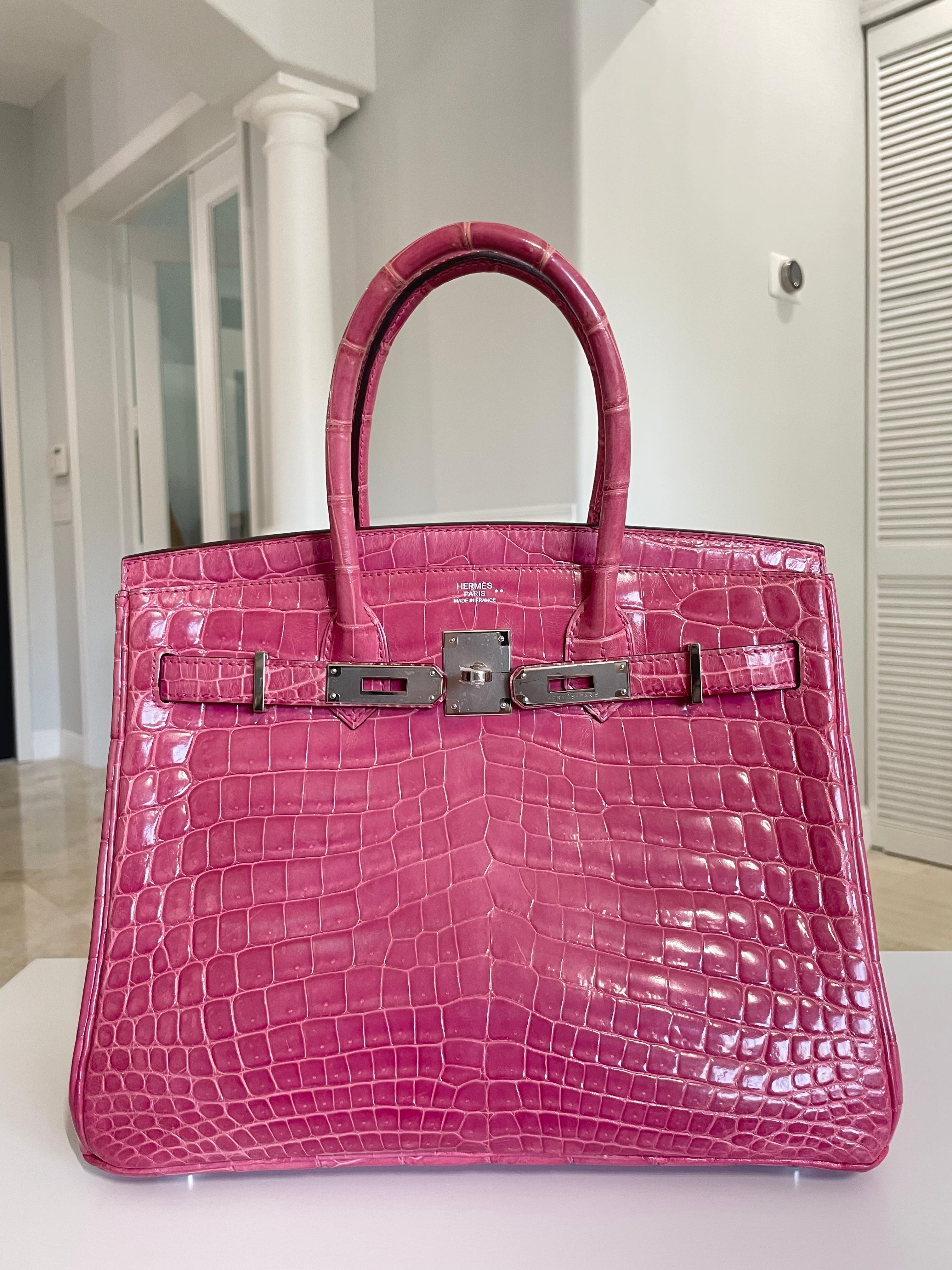 Hermes Birkin 30 Rose Tyrien Pink Crocodile Palladium Hardware In Excellent Condition In Miami, FL