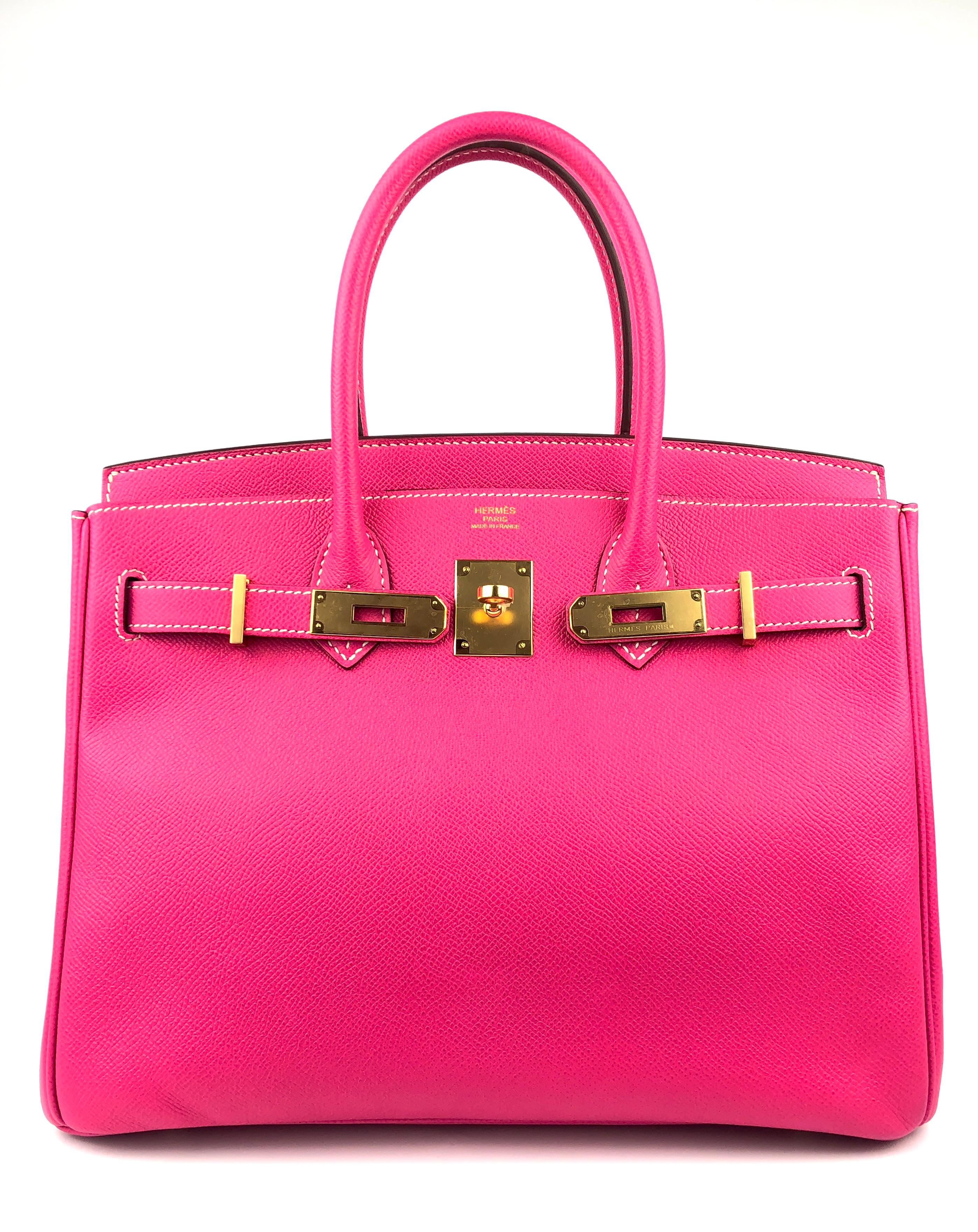 Hermes Birkin 30 Rose Tyrien Pink Epsom Leather Gold Hardware Handbag In Excellent Condition In Miami, FL