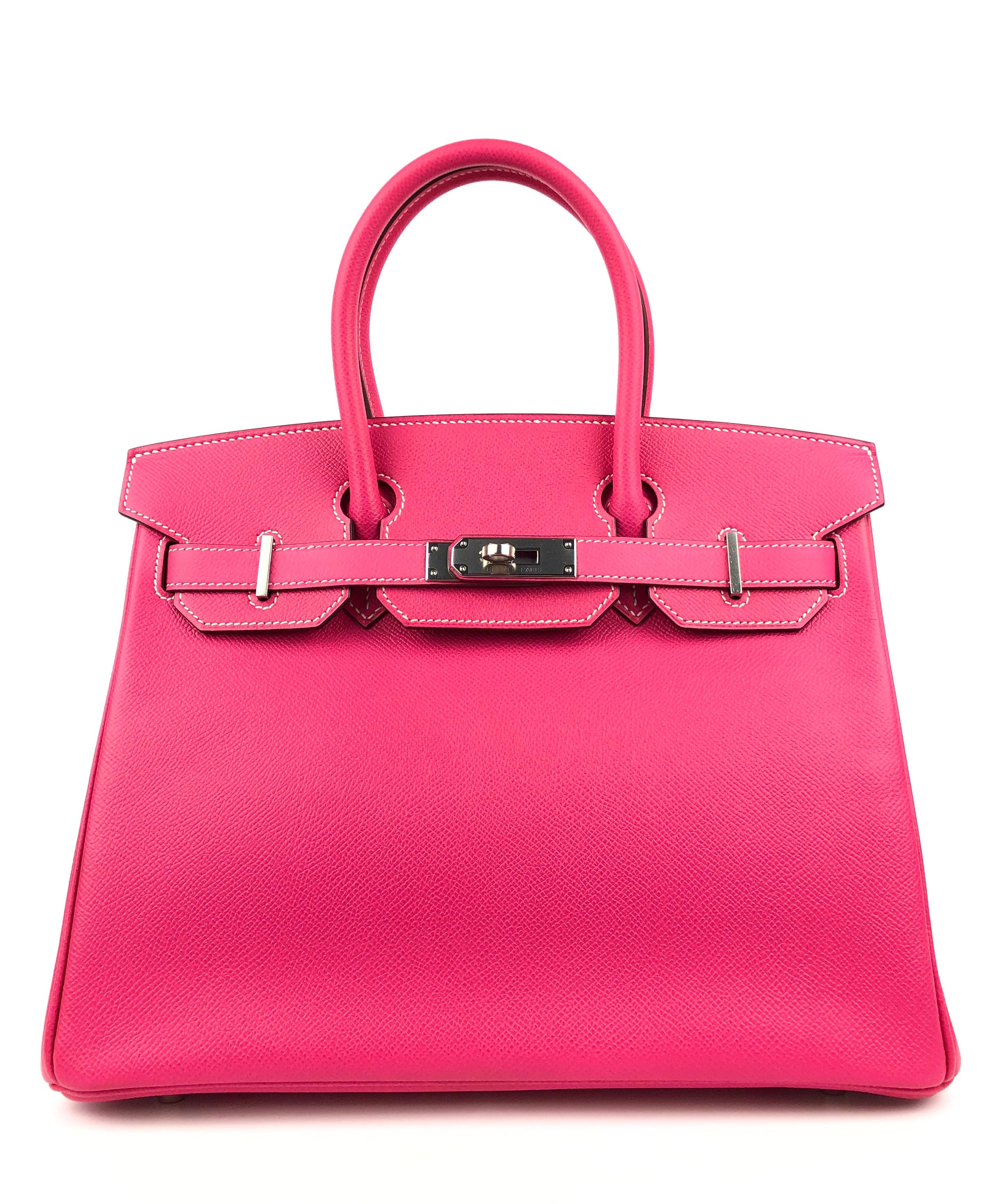 RARE Uncarried, Hermes Birkin 30 Rose Tyrien PinkEpsom Palladium Hardware. As NEW From collectors closet, with Plastic on all Hardware and feet. Q Stamp 2013. Bag has been displayed and handled but never worn out. 

Shop with Confidence from Lux