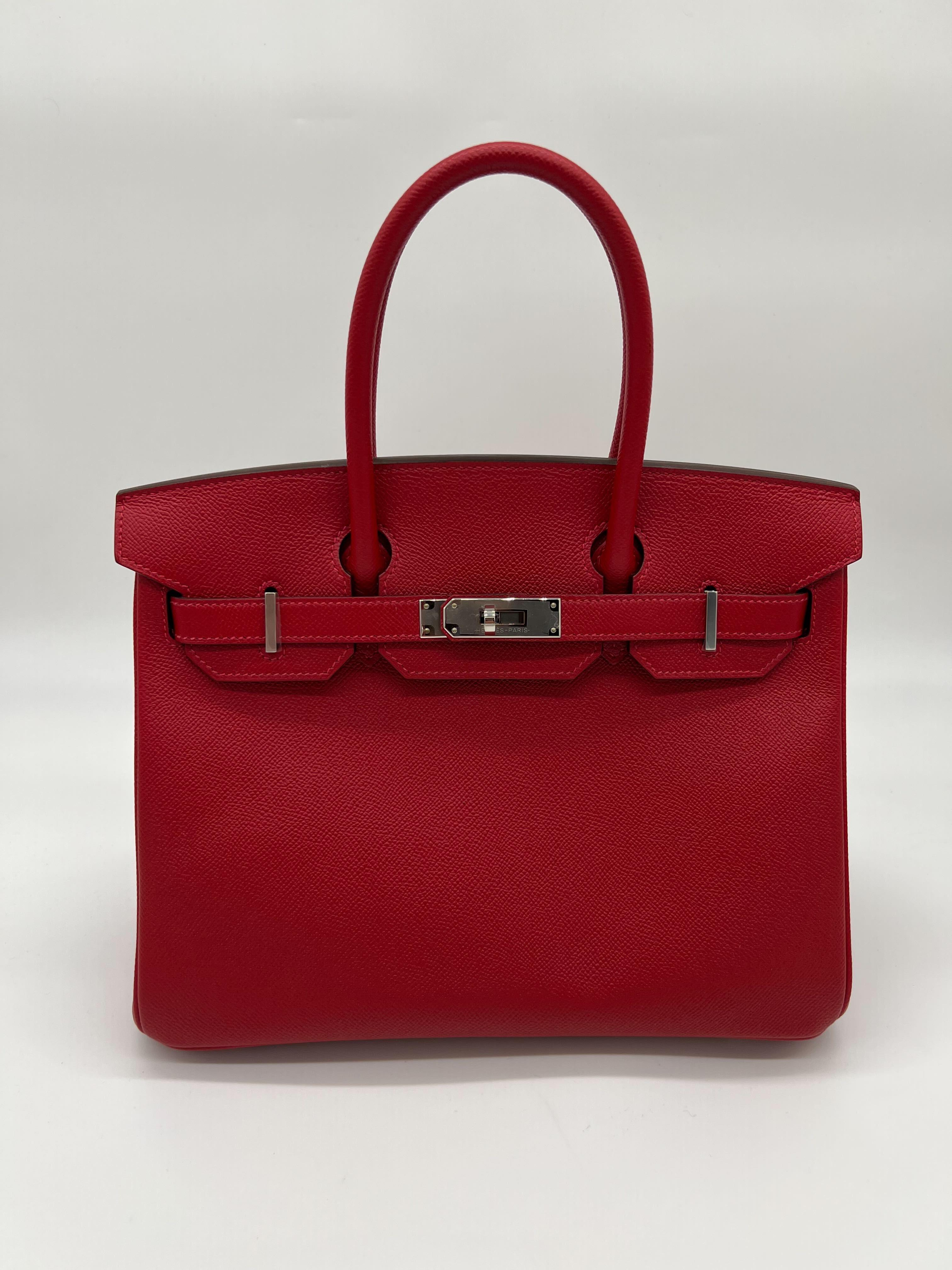 Hermes Birkin 30 Rouge Casaque Epsom Leather Palladium Hardware

Condition: Brand New 
Measurements: (W)30cm × (H)21cm × (D)15cm
Bag Material: Epsom Leather
Hardware Material: Palladium plated

*Comes with full original packaging. 
*Includes